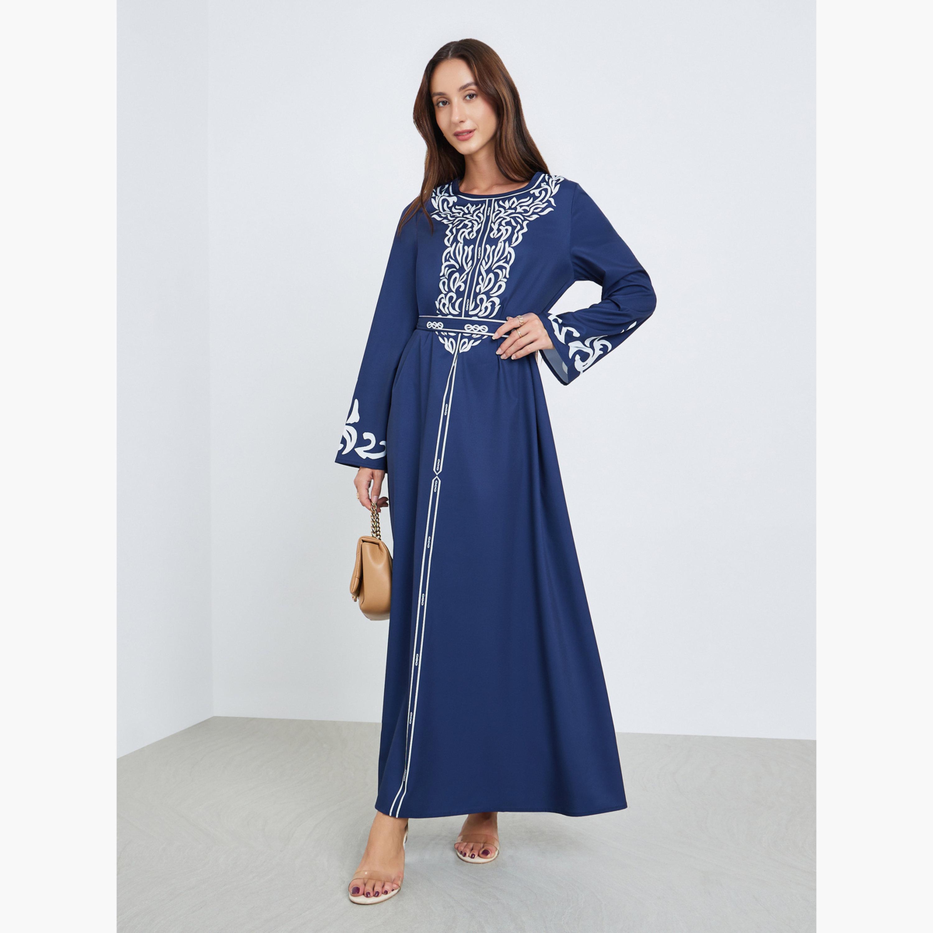 فستان طويل بحزام وطبعة زهور-women-clothing-dresses-image-1