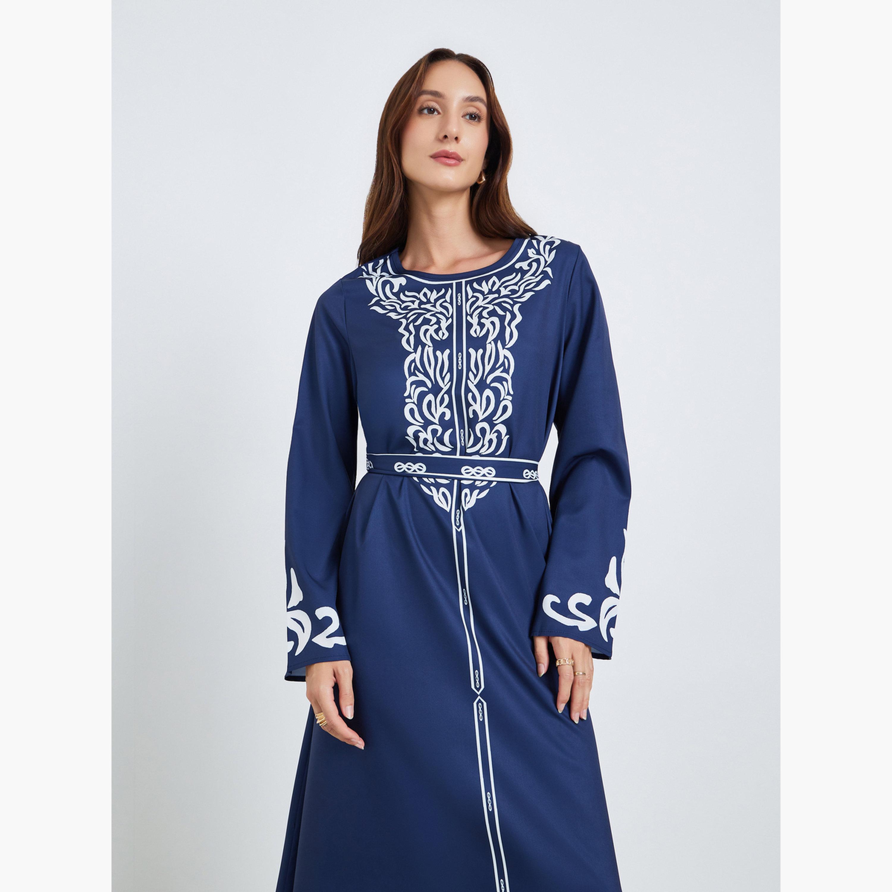 فستان طويل بحزام وطبعة زهور-women-clothing-dresses-image-2