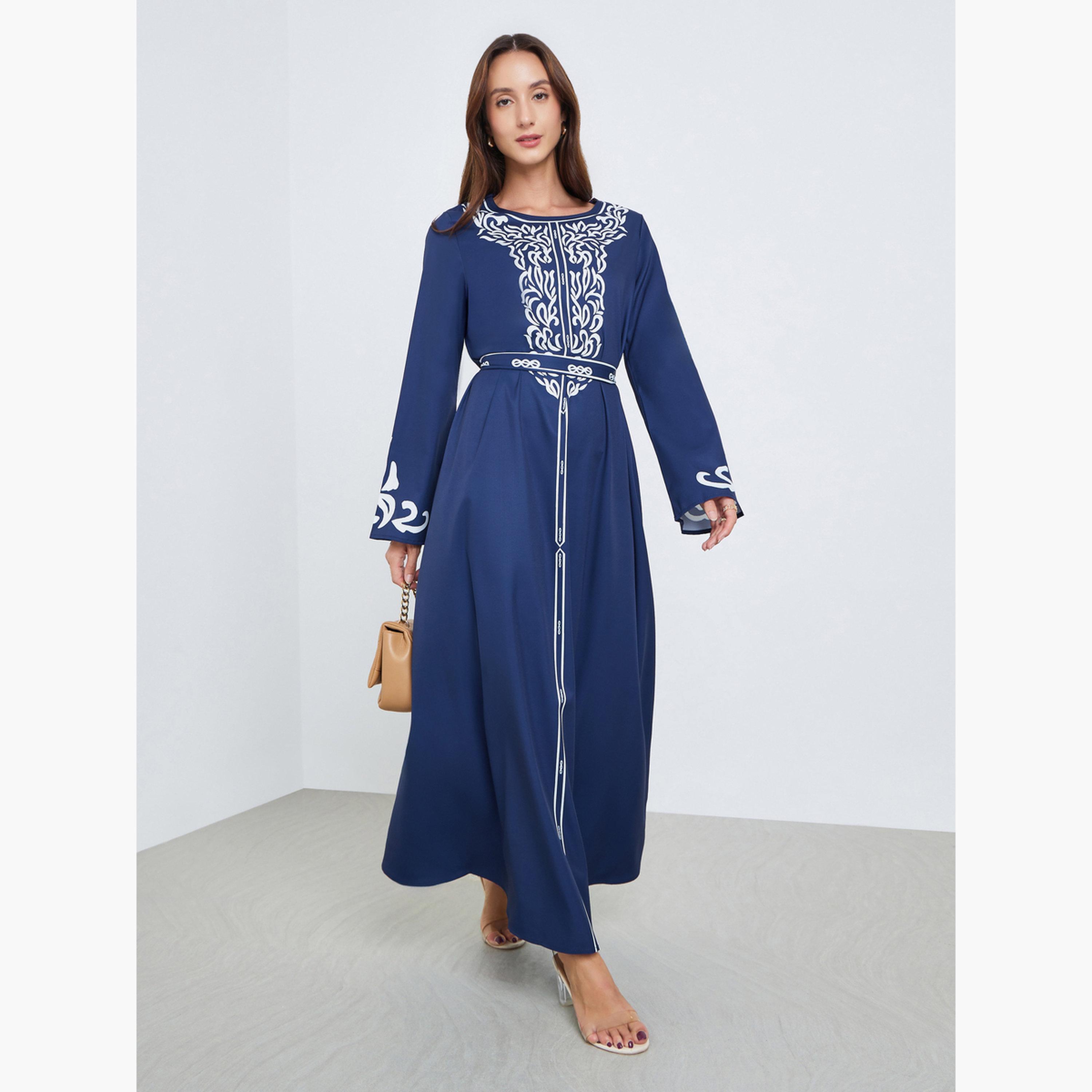 فستان طويل بحزام وطبعة زهور-women-clothing-dresses-image-3