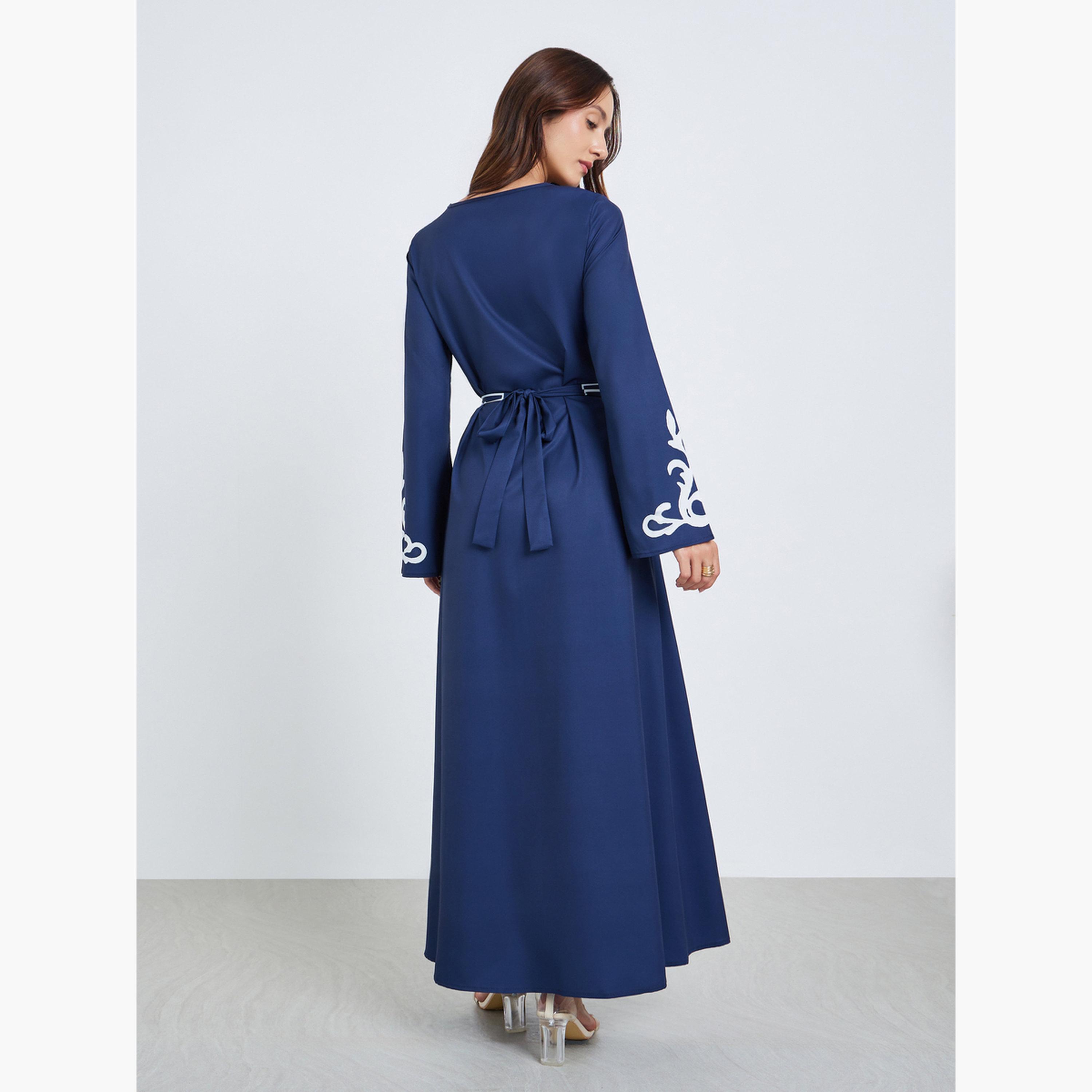 فستان طويل بحزام وطبعة زهور-women-clothing-dresses-image-4