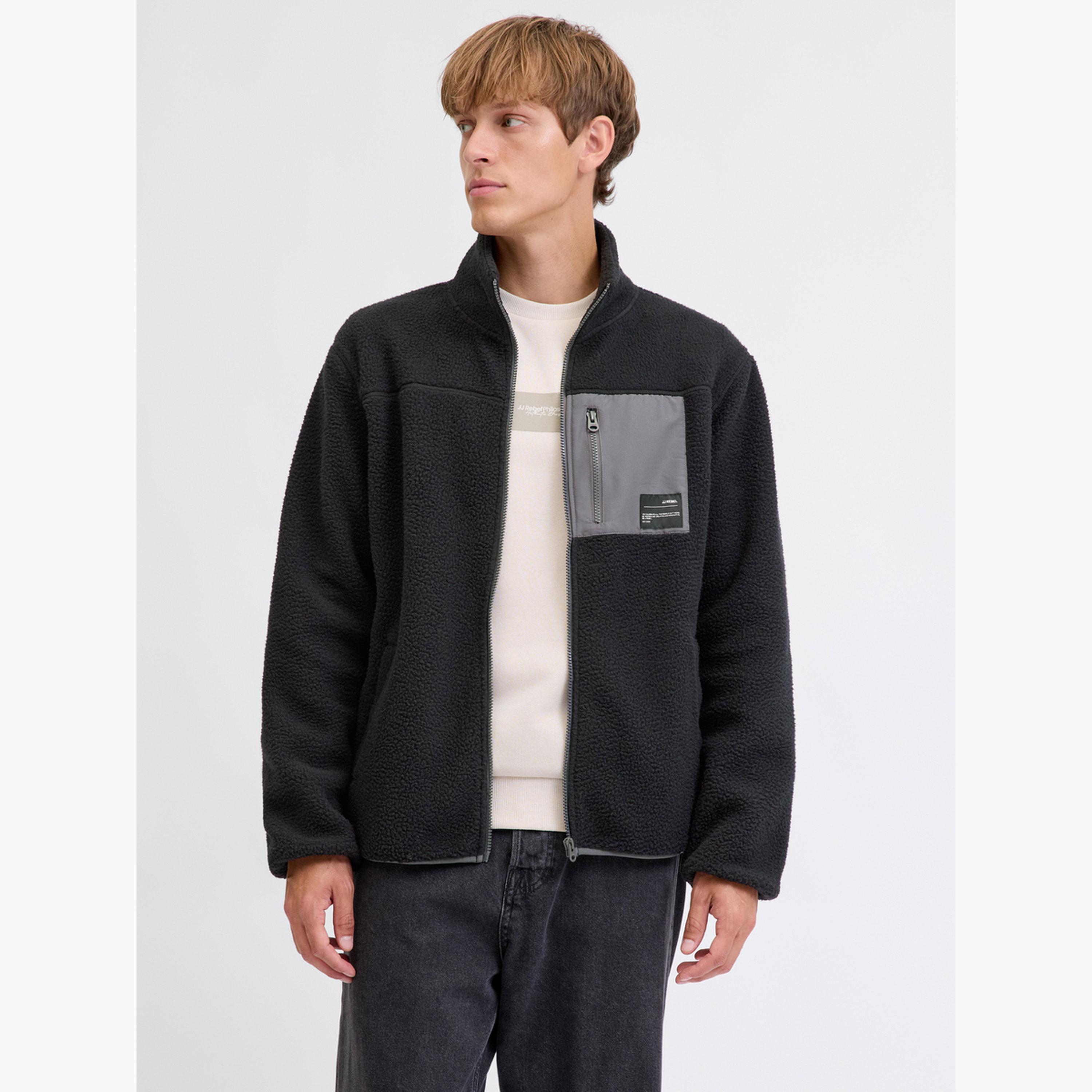 REBEL Black Teddy Fleece Jacket with Zip Pocket-men-clothing-jacketsandblazers-jackets-image-1