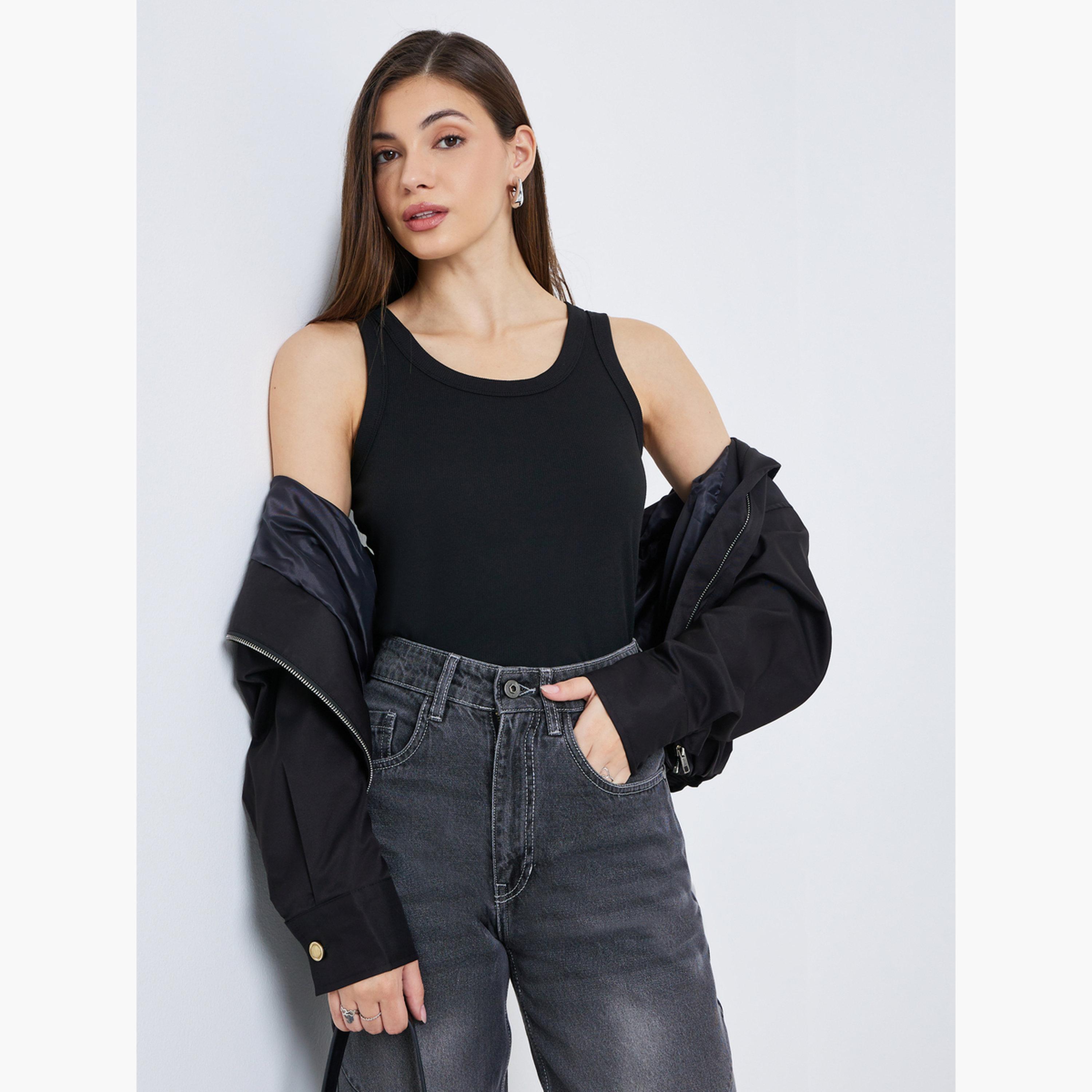 Styli Women Black Sleeveless Knit Tank Top-women-clothing-tshirts-image-2