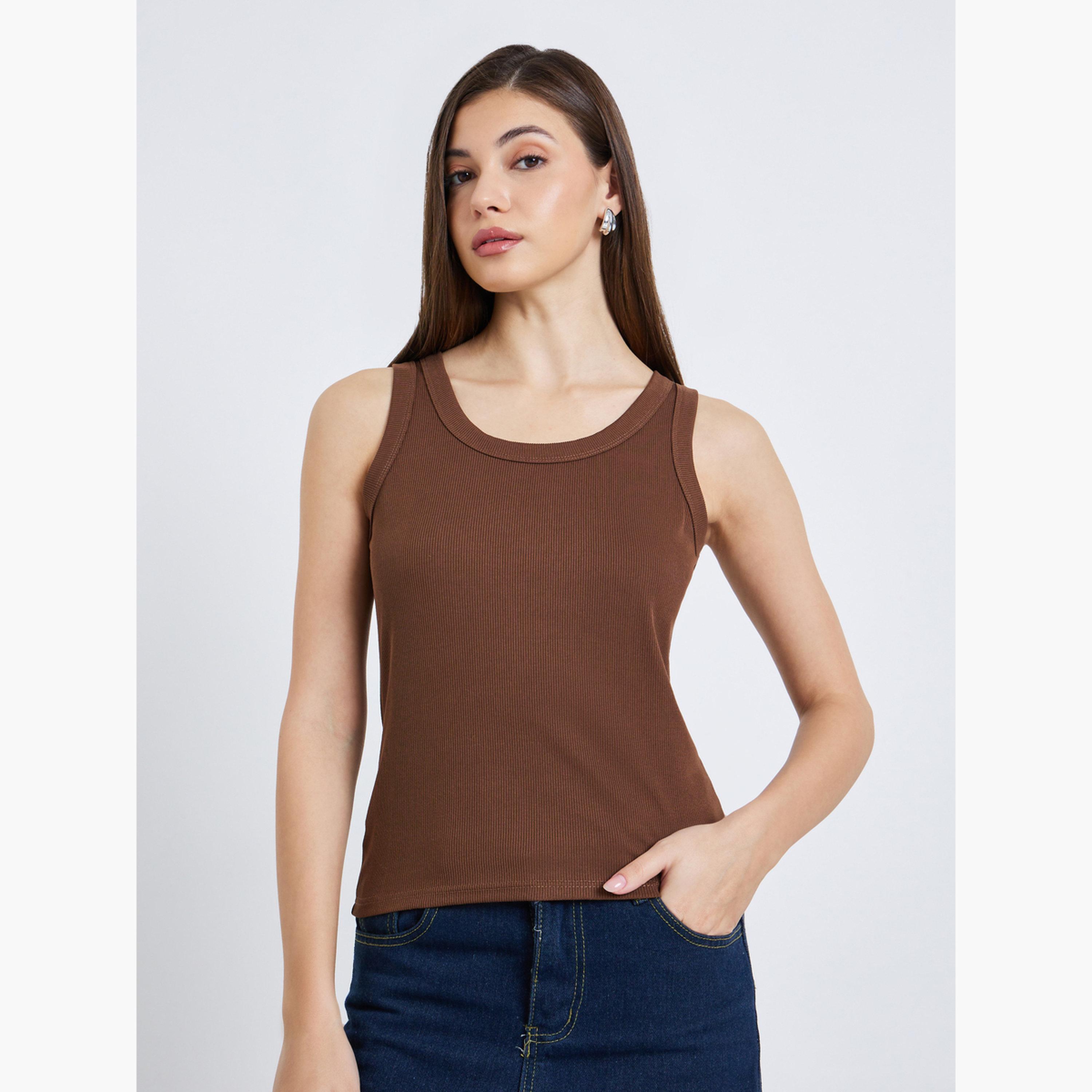 Styli Women Brown Sleeveless Knit Top-women-clothing-tshirts-image-1