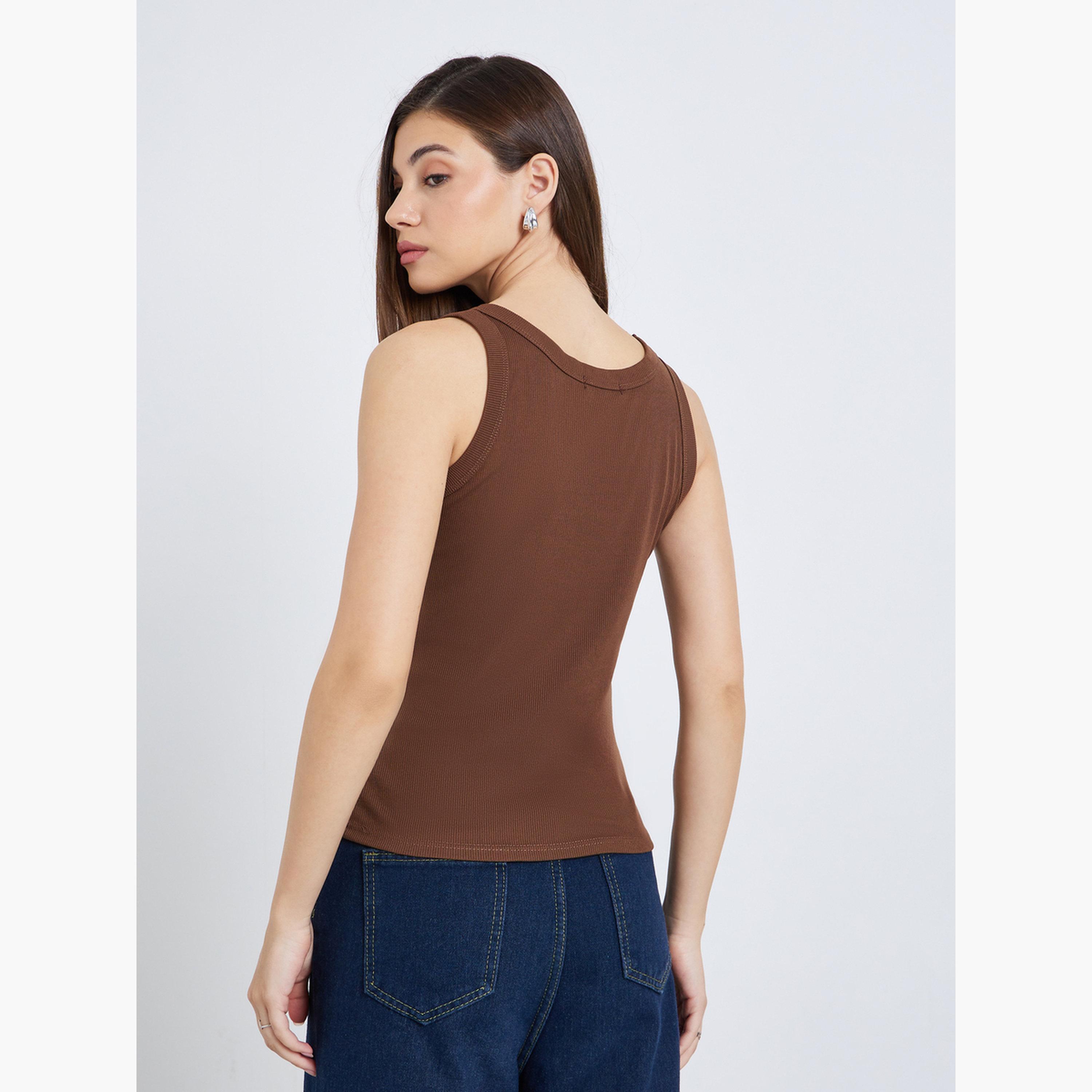 Styli Women Brown Sleeveless Knit Top-women-clothing-tshirts-image-5