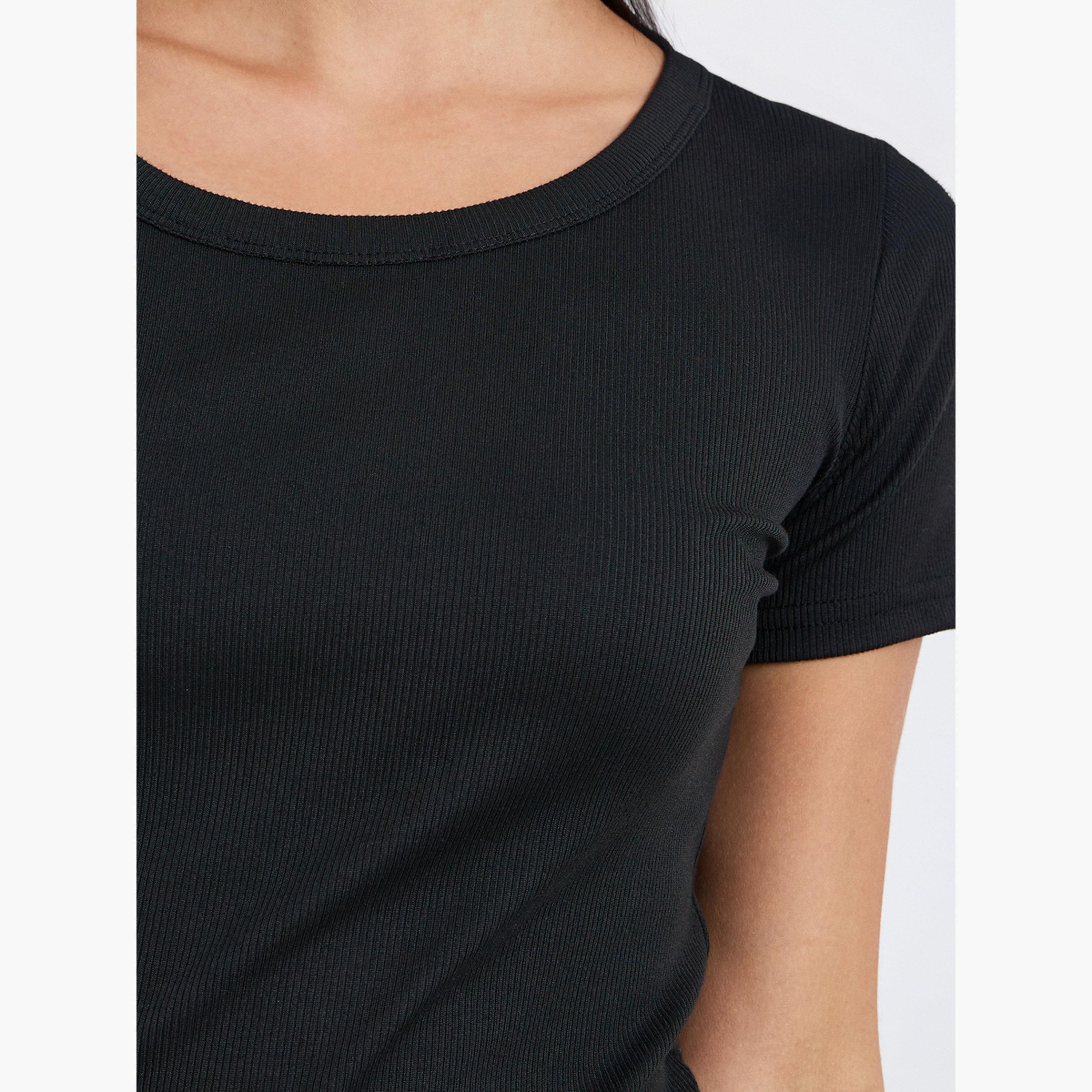 Styli Women Black Ribbed Knit Short Sleeve Top-women-clothing-tshirts-image-4