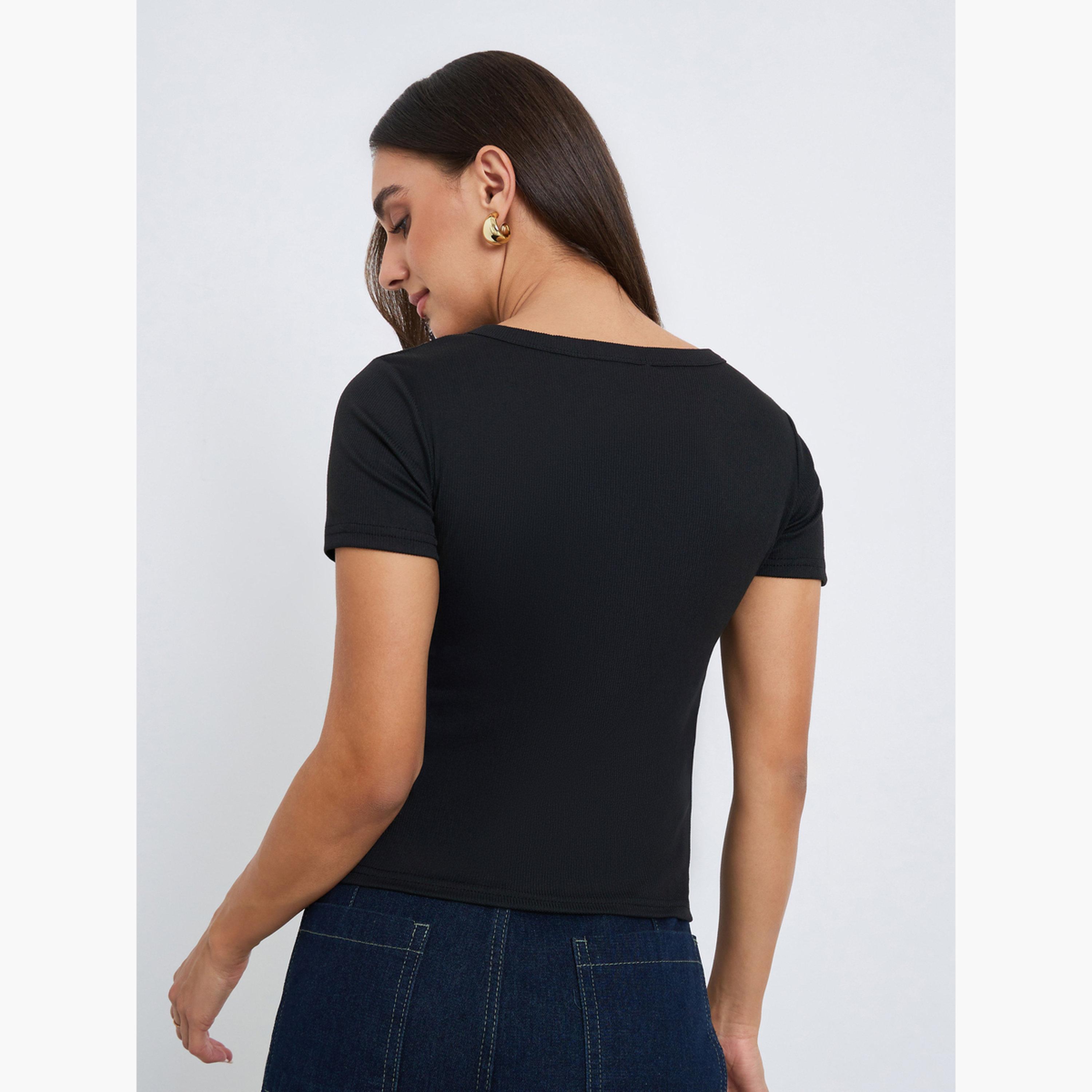 Styli Women Black Ribbed Knit Short Sleeve Top-women-clothing-tshirts-image-5