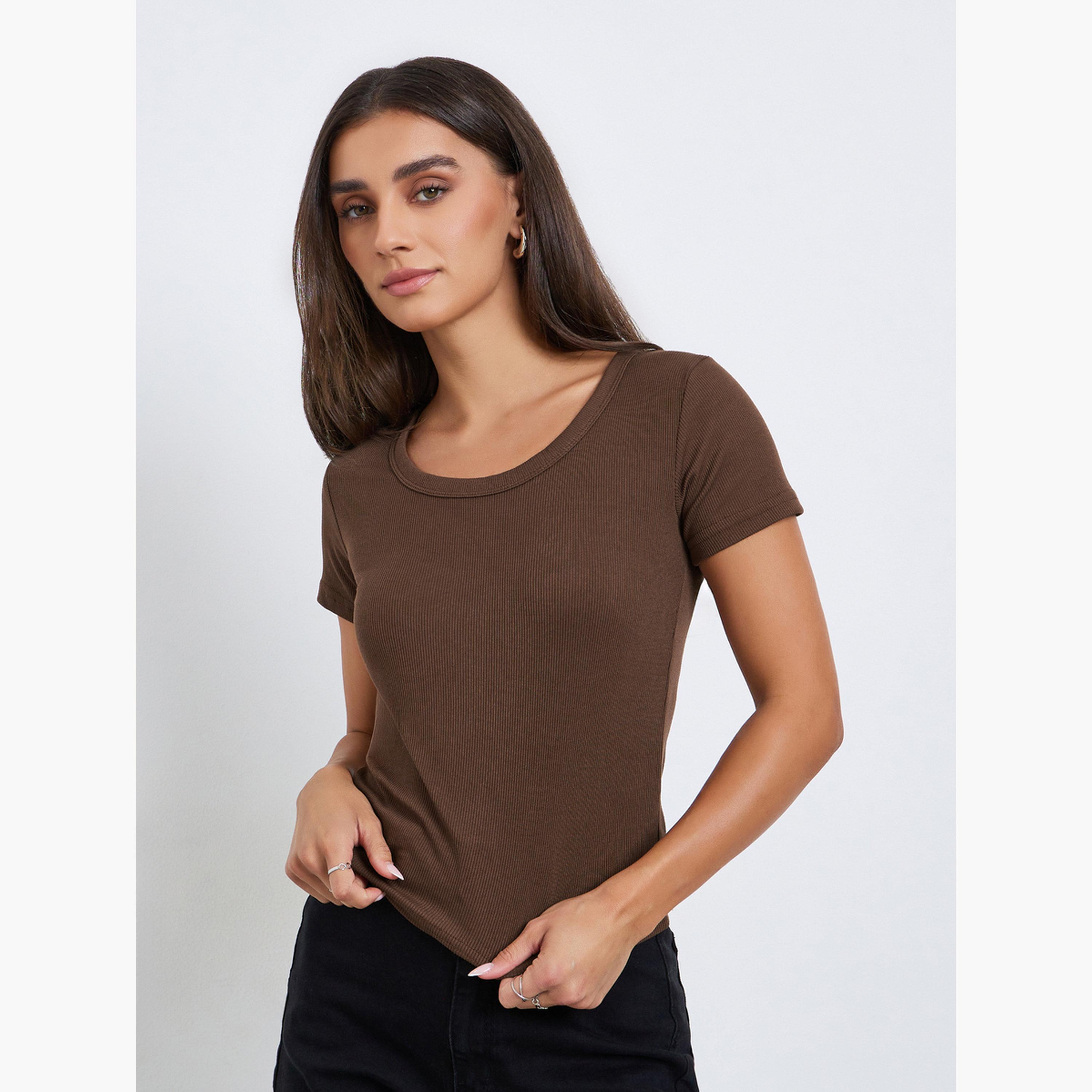 Styli Women Brown Ribbed Knit Short Sleeve Top-women-clothing-tshirts-image-1