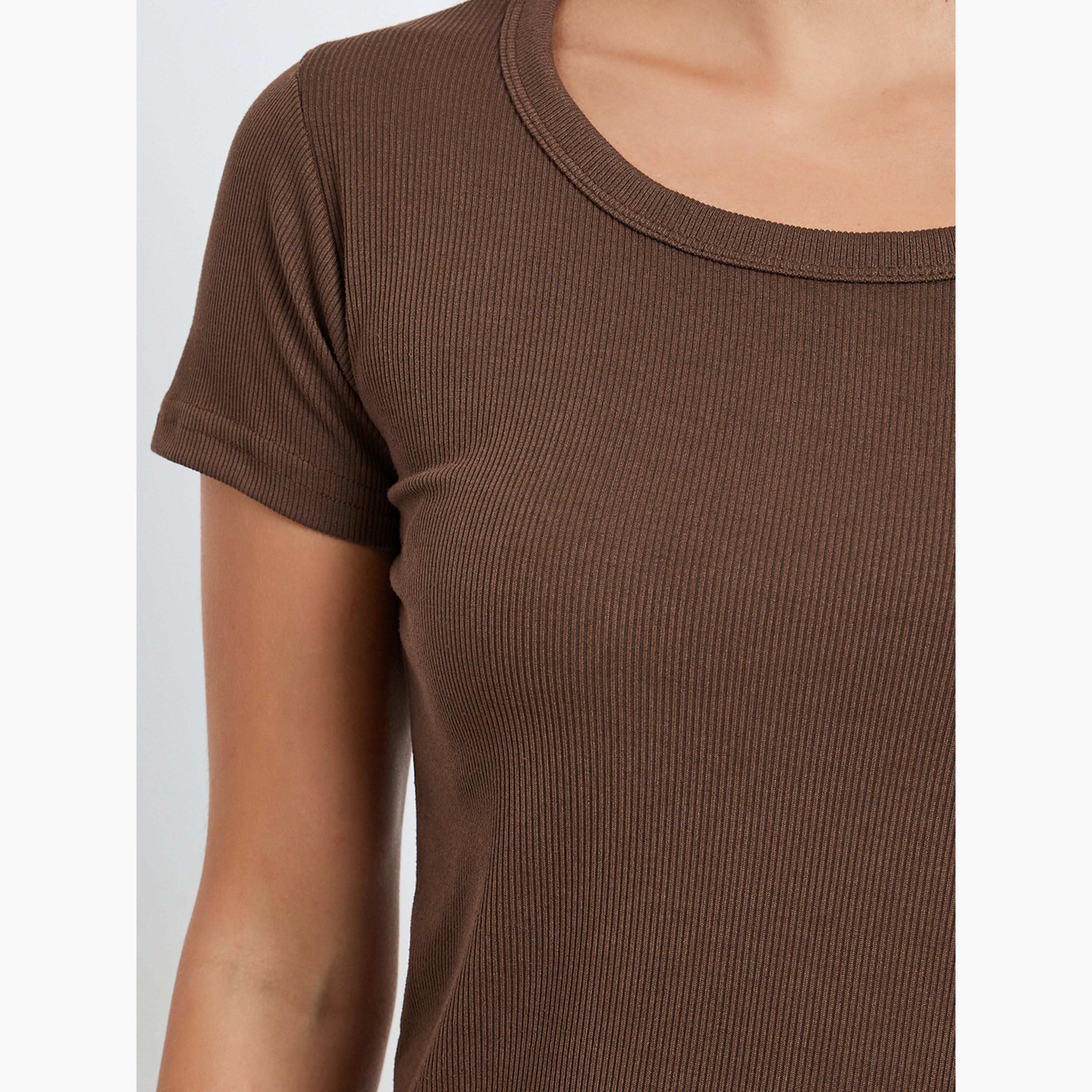 Styli Women Brown Ribbed Knit Short Sleeve Top-women-clothing-tshirts-image-4