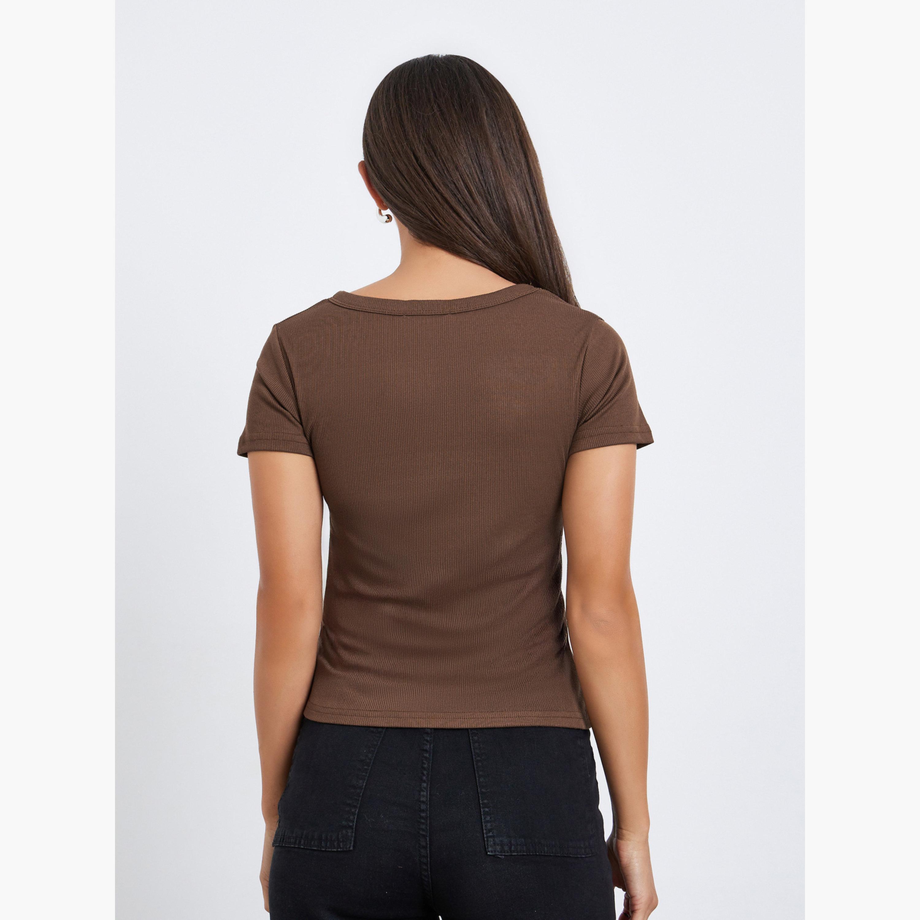 Styli Women Brown Ribbed Knit Short Sleeve Top-women-clothing-tshirts-image-5