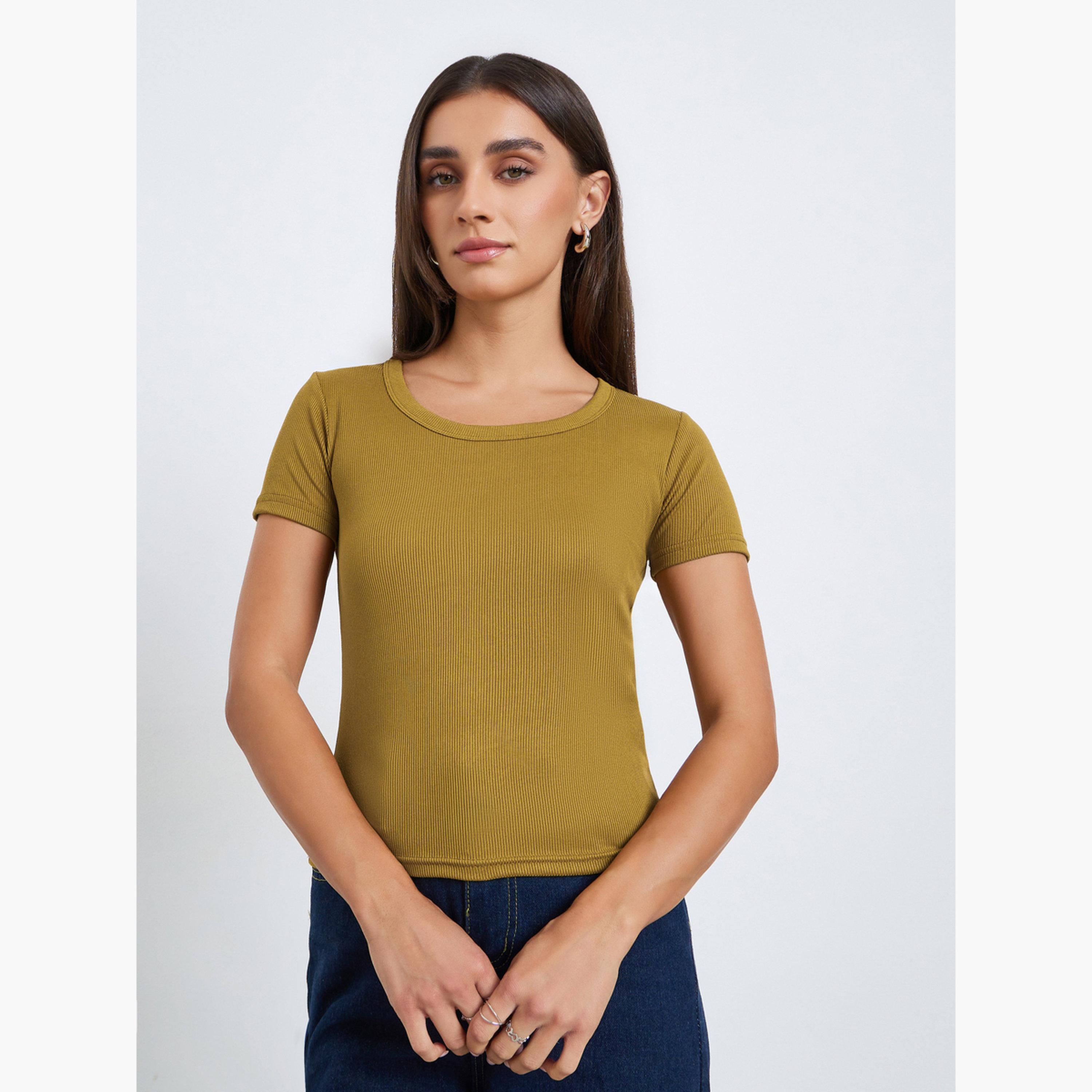 Styli Women Olive Ribbed Knit Short Sleeve Top-women-clothing-tshirts-image-1
