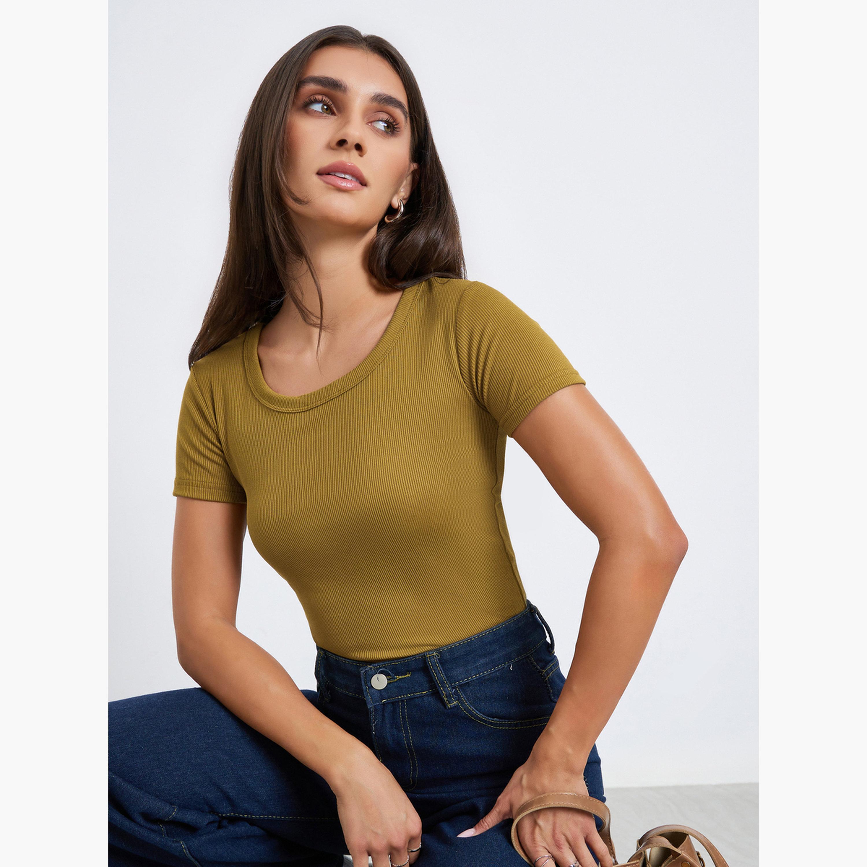 Styli Women Olive Ribbed Knit Short Sleeve Top-women-clothing-tshirts-image-3