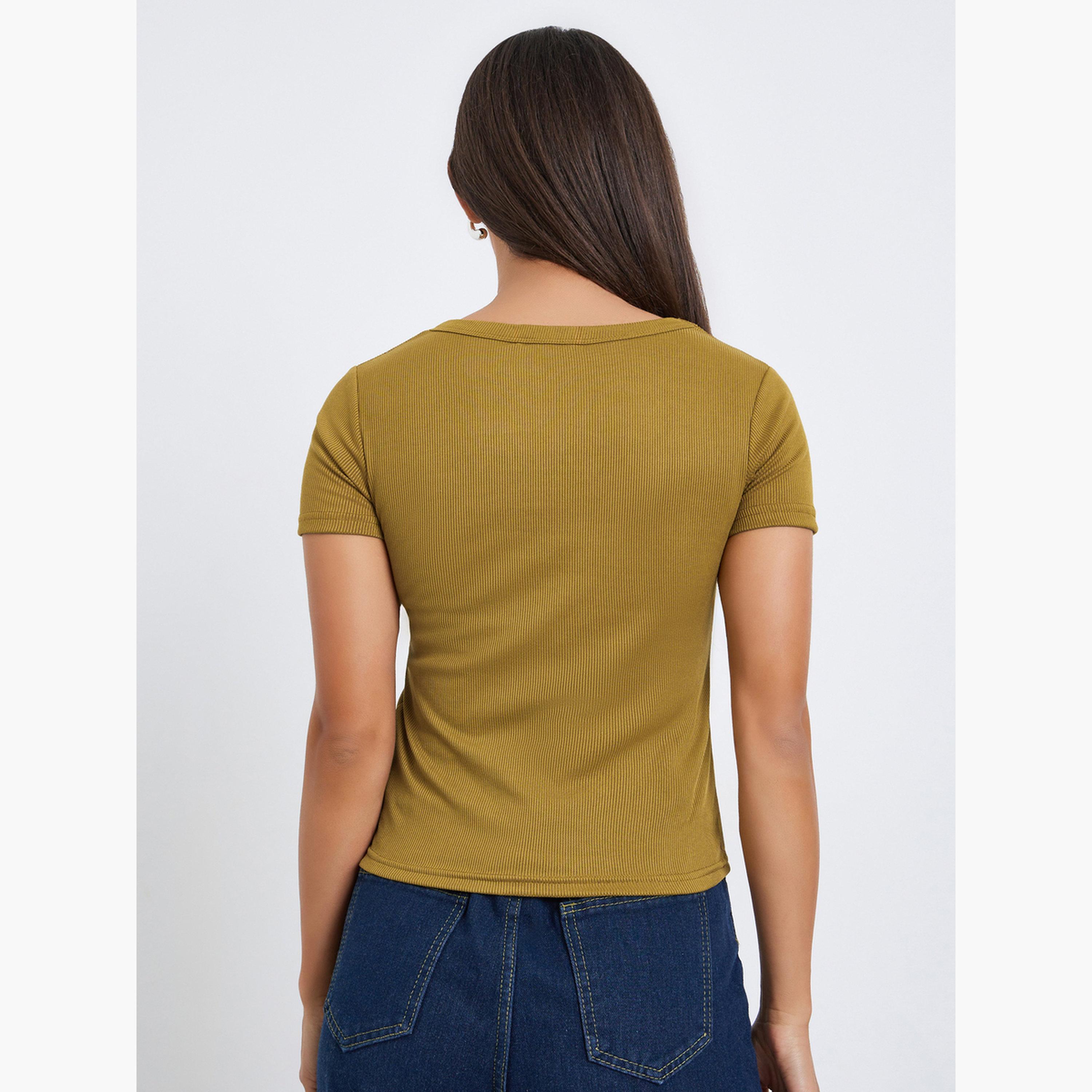 Styli Women Olive Ribbed Knit Short Sleeve Top-women-clothing-tshirts-image-5