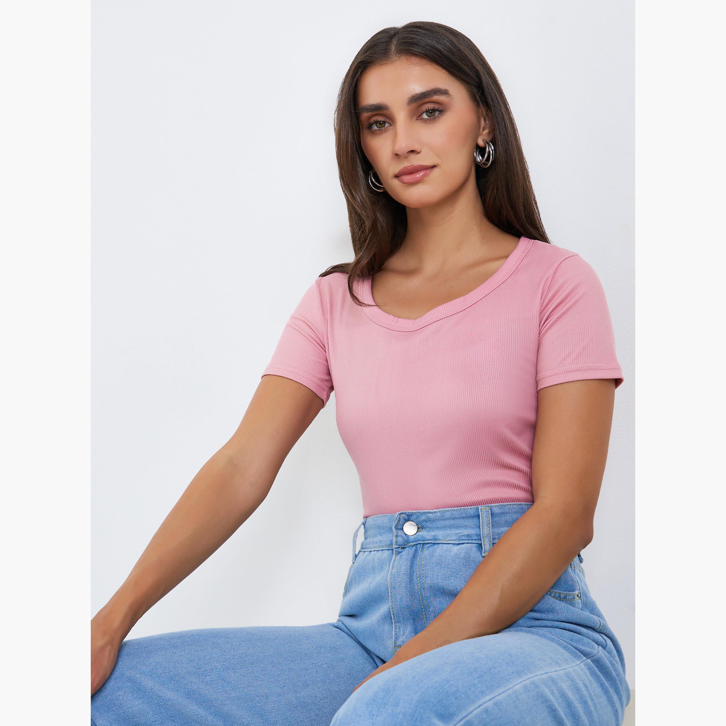 بلوزة محبوكة مضلعة بأكمام قصيرة-women-clothing-tshirts-image-3