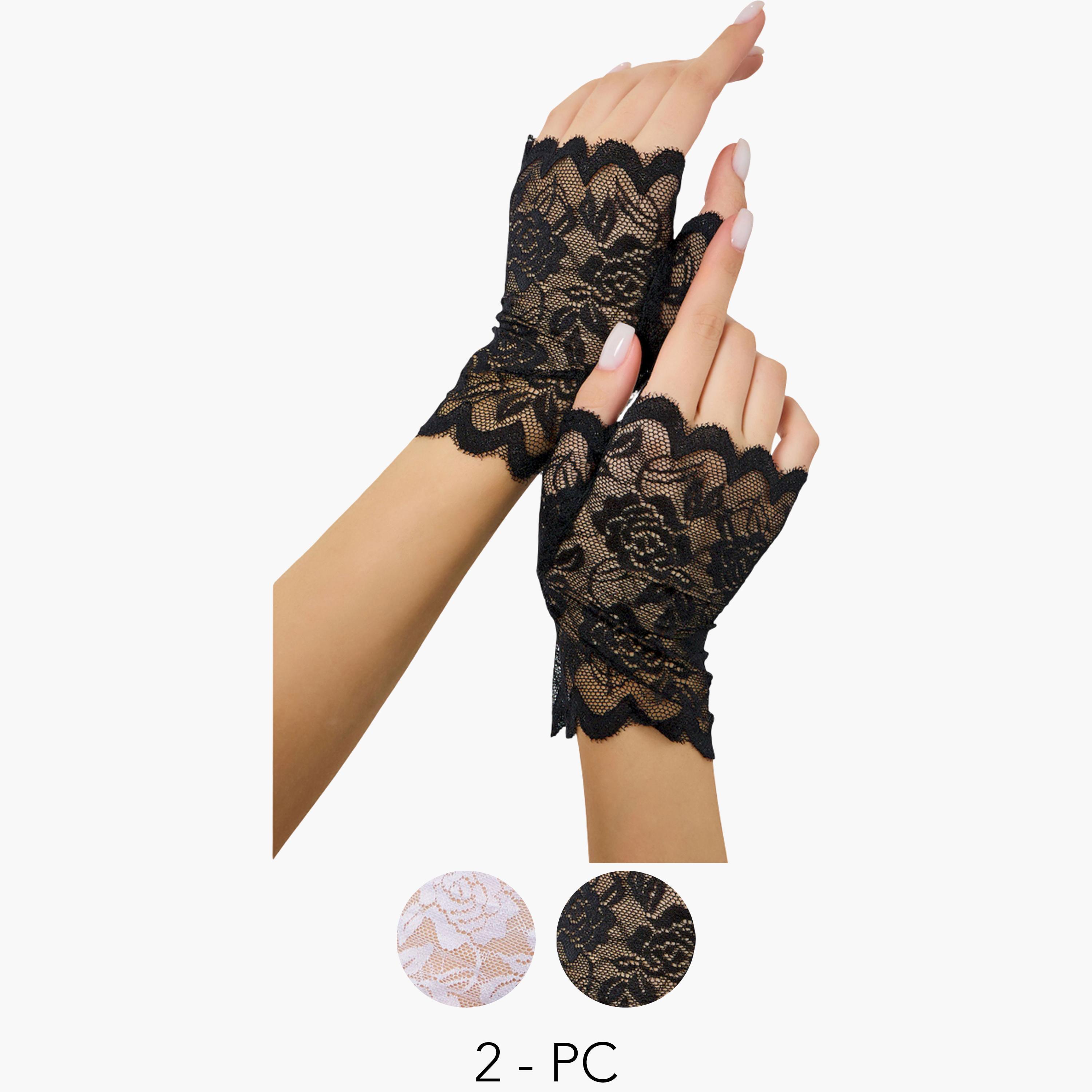 طقم من زوجين نصف قفازات دانتيل بنقشة زهور-women-winterwear-gloves-image-1