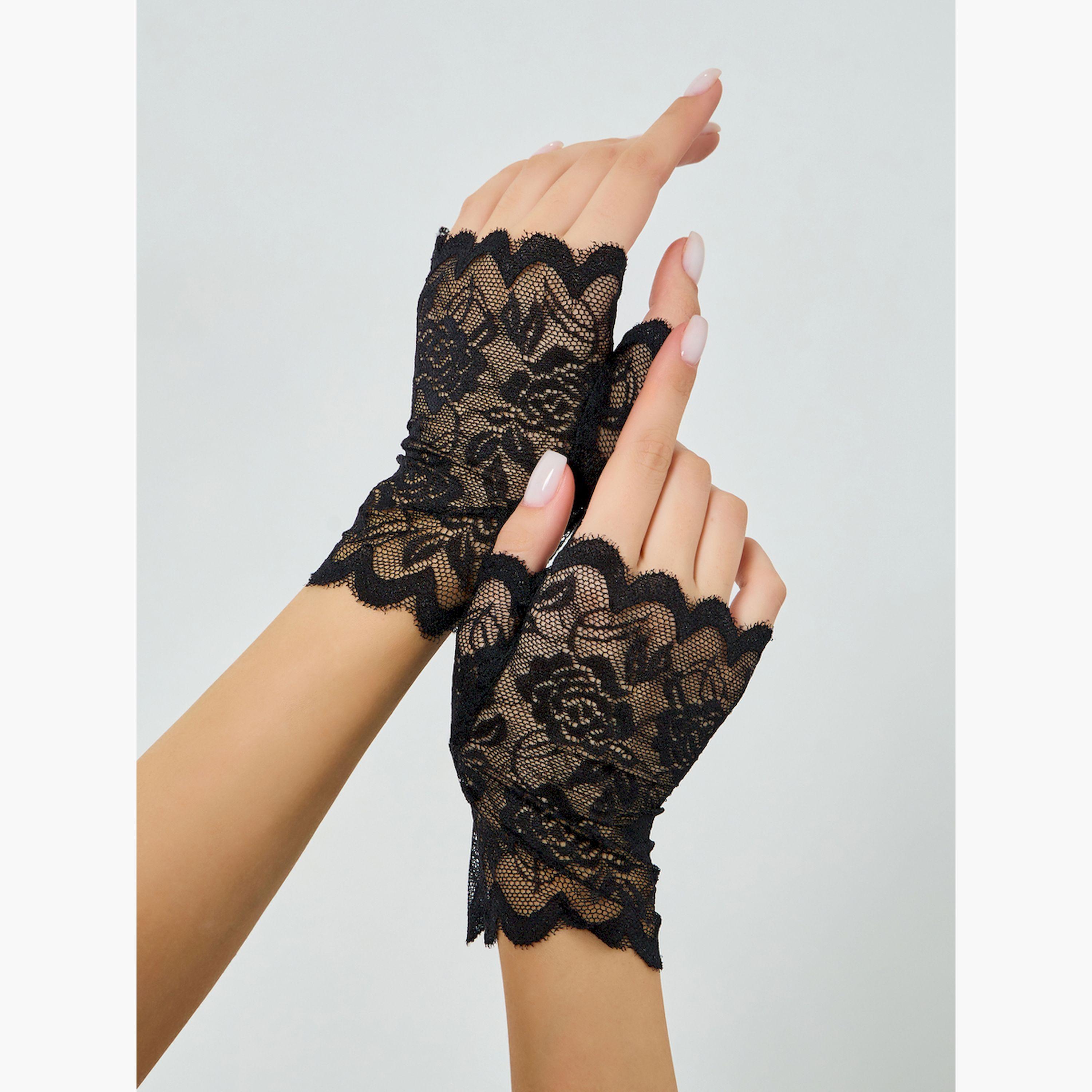 طقم من زوجين نصف قفازات دانتيل بنقشة زهور-women-winterwear-gloves-image-2