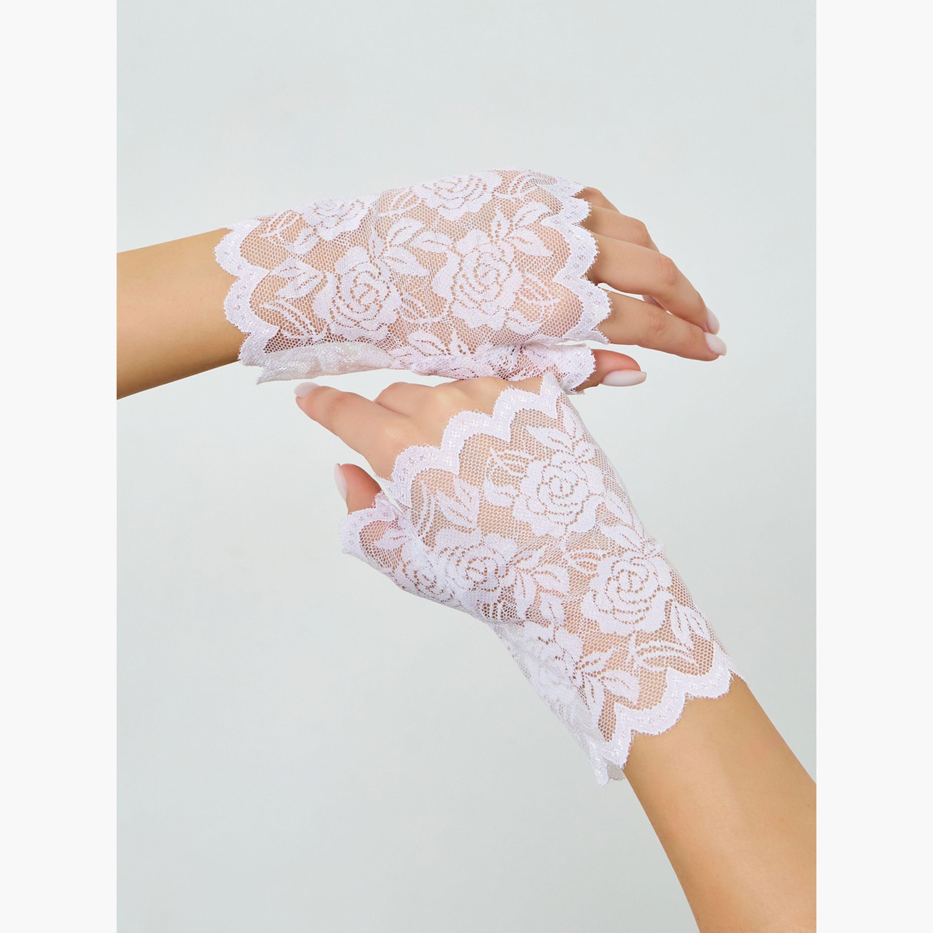 طقم من زوجين نصف قفازات دانتيل بنقشة زهور-women-winterwear-gloves-image-5