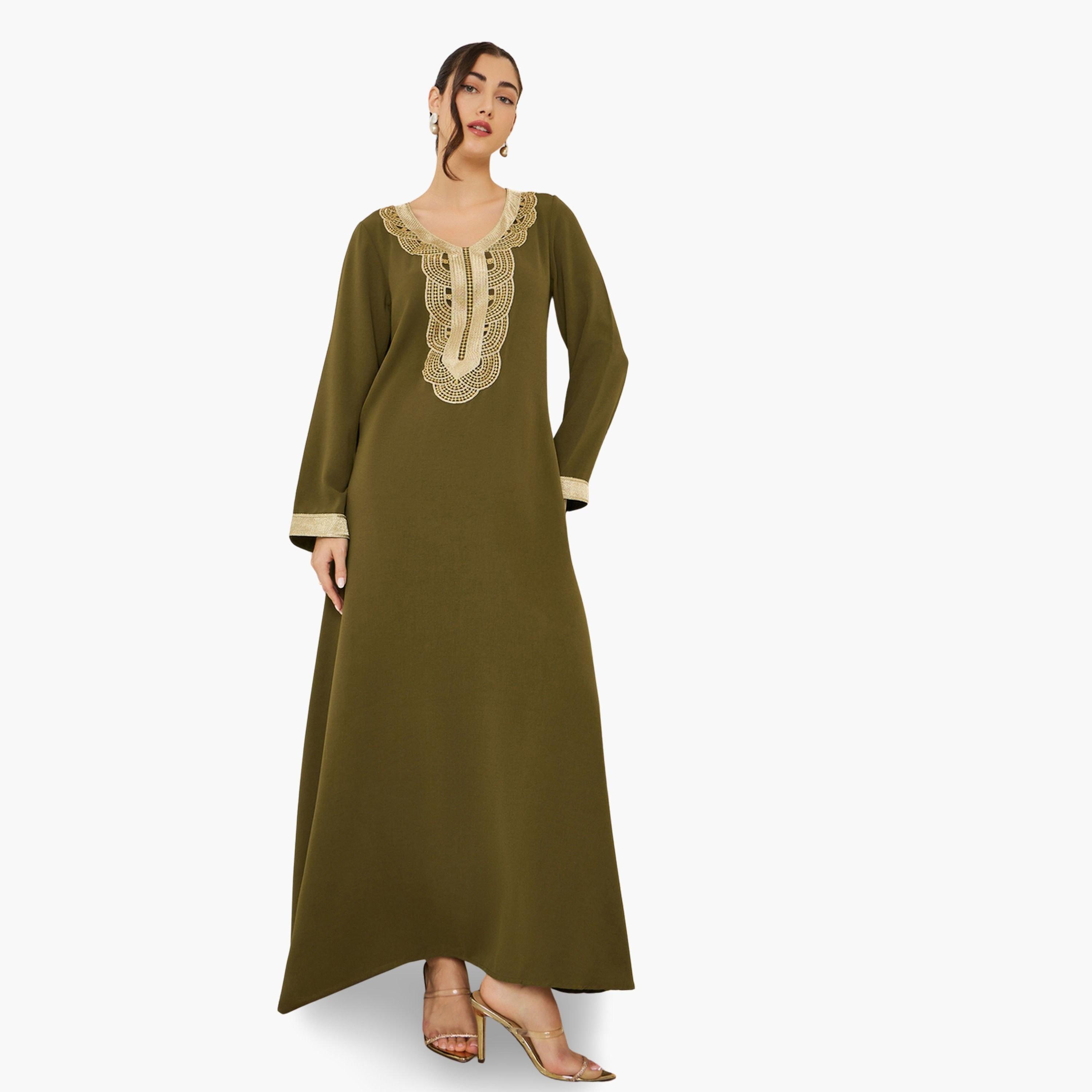جلابية زيتية مطرزة بحافة واسعة-women-arabicclothing-jalabiyas-image-1