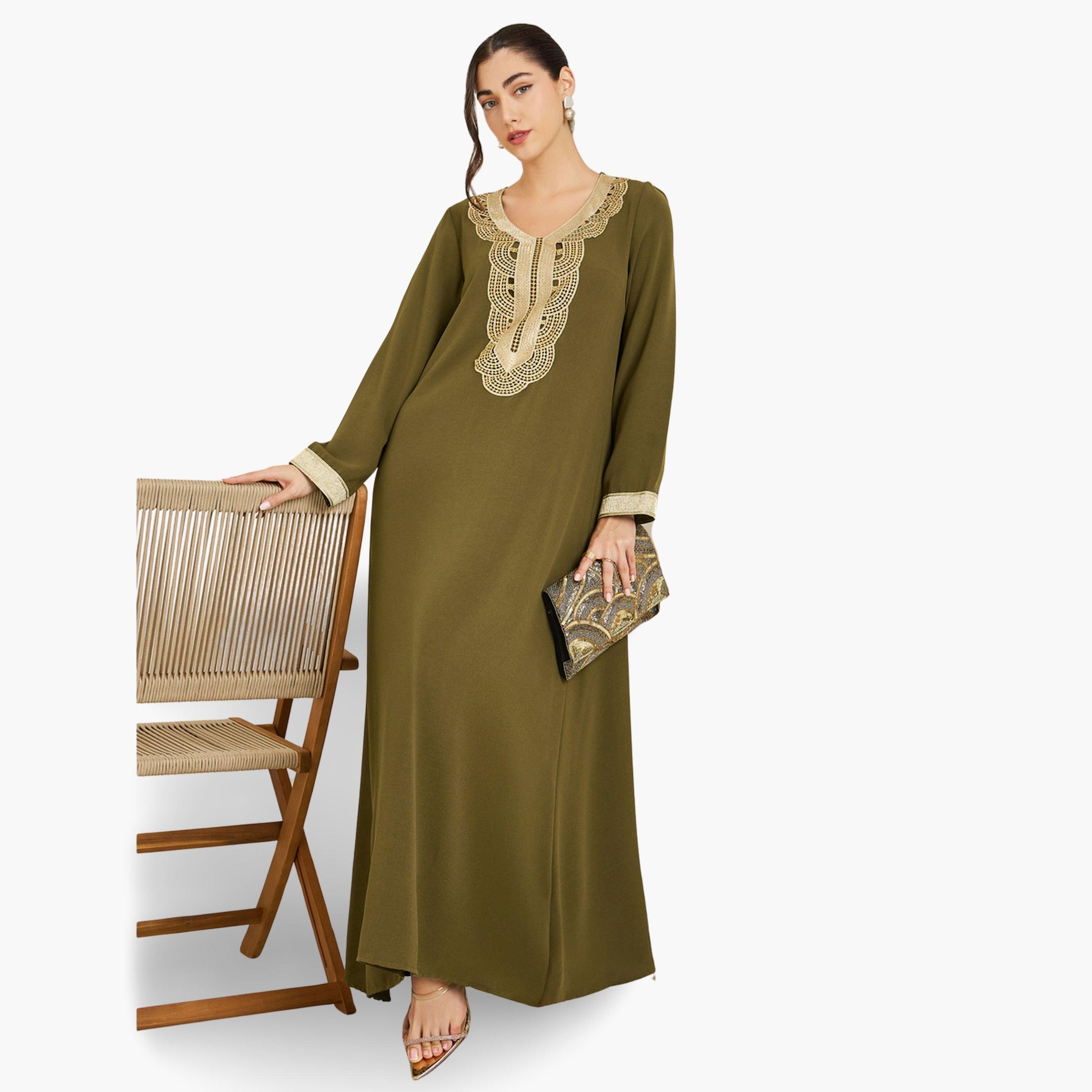 جلابية زيتية مطرزة بحافة واسعة-women-arabicclothing-jalabiyas-image-2