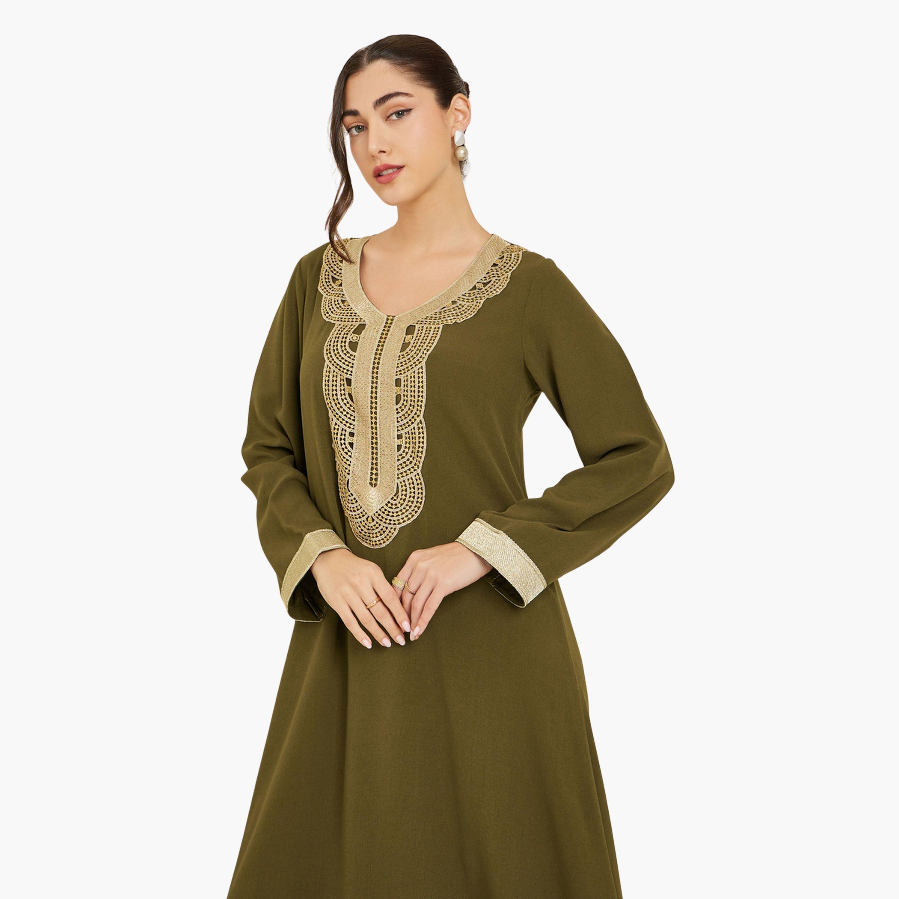 جلابية زيتية مطرزة بحافة واسعة-women-arabicclothing-jalabiyas-image-3