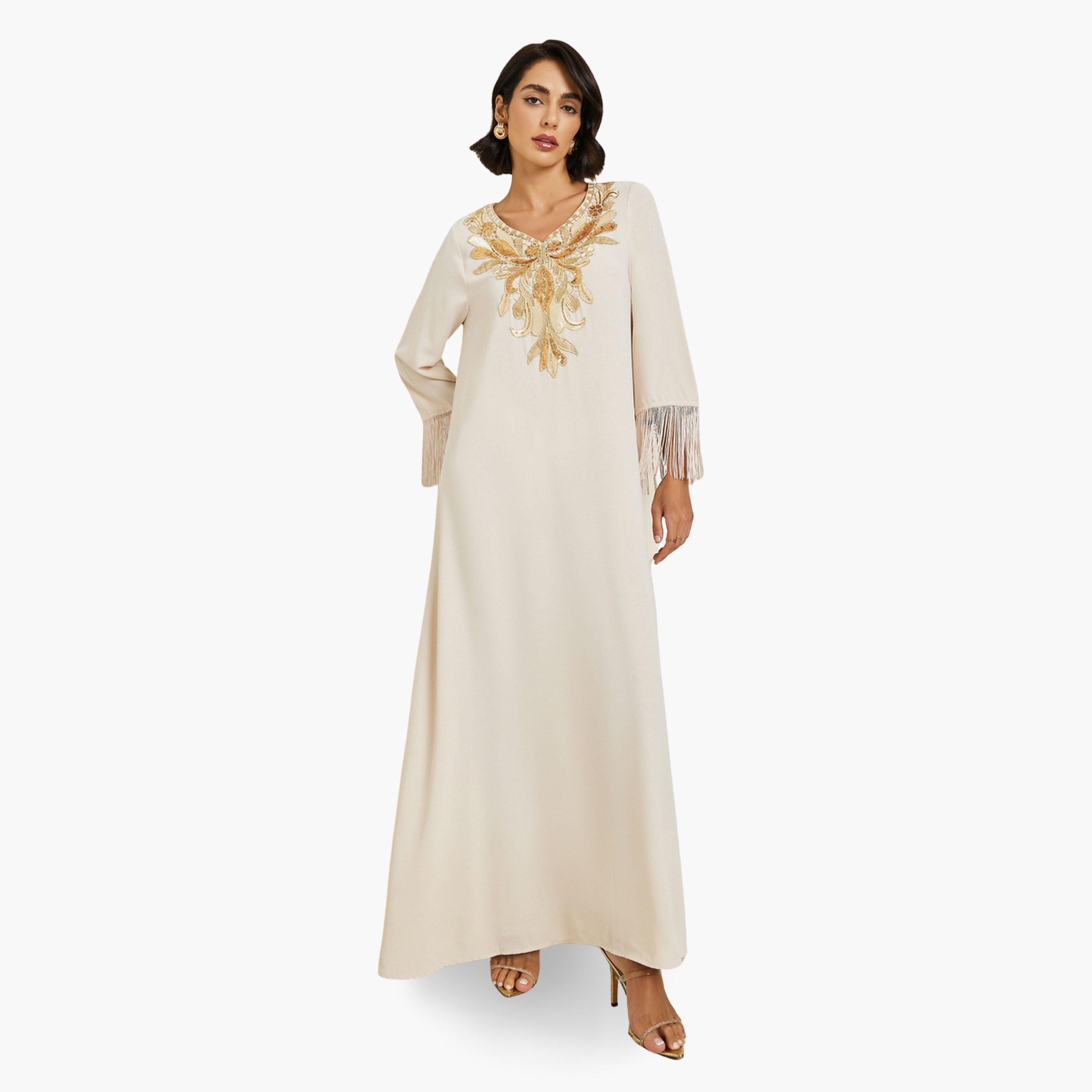 Styli Women Sequined Patch V Neck Jalabiya-women-arabicclothing-jalabiyas-image-3