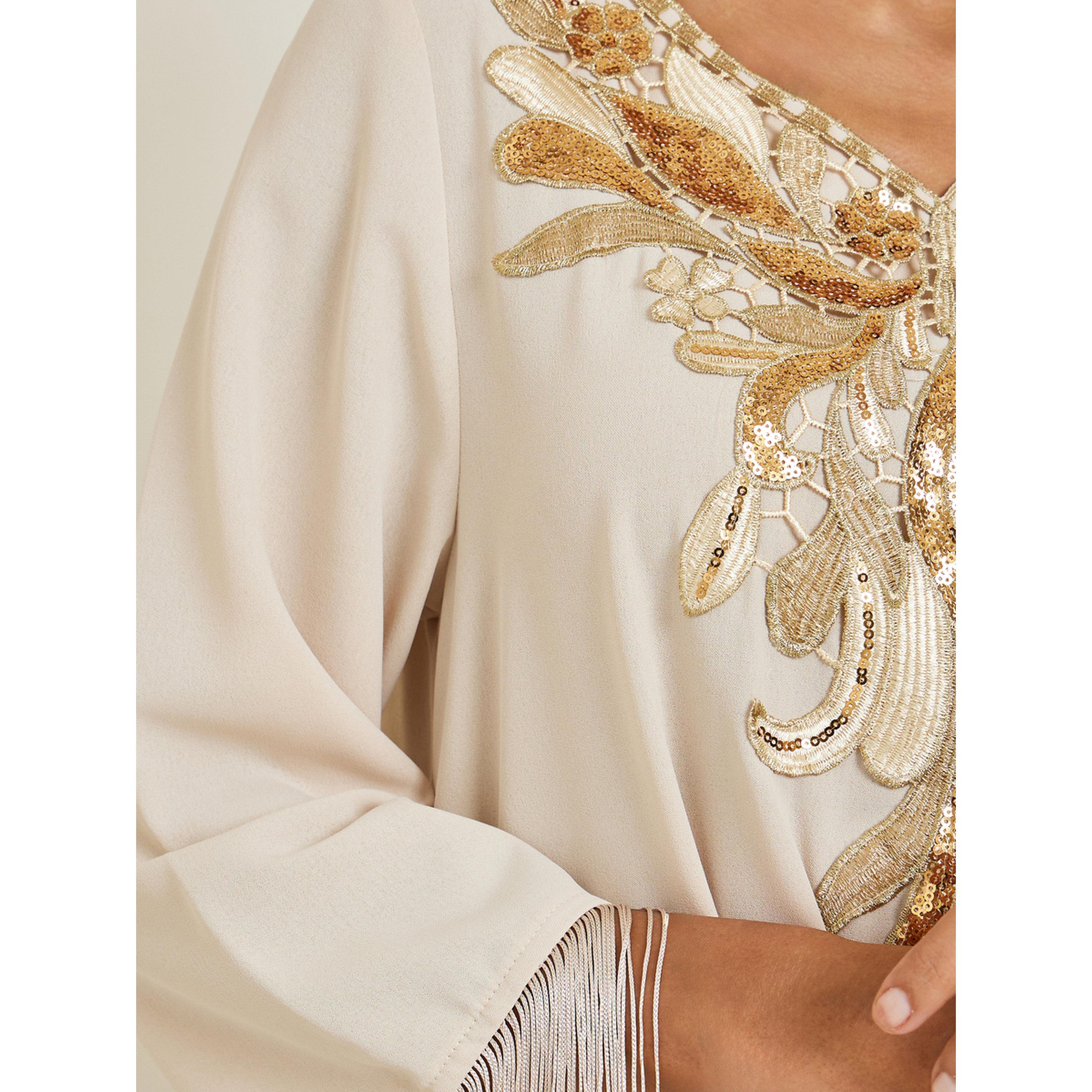 Styli Women Sequined Patch V Neck Jalabiya-women-arabicclothing-jalabiyas-image-4