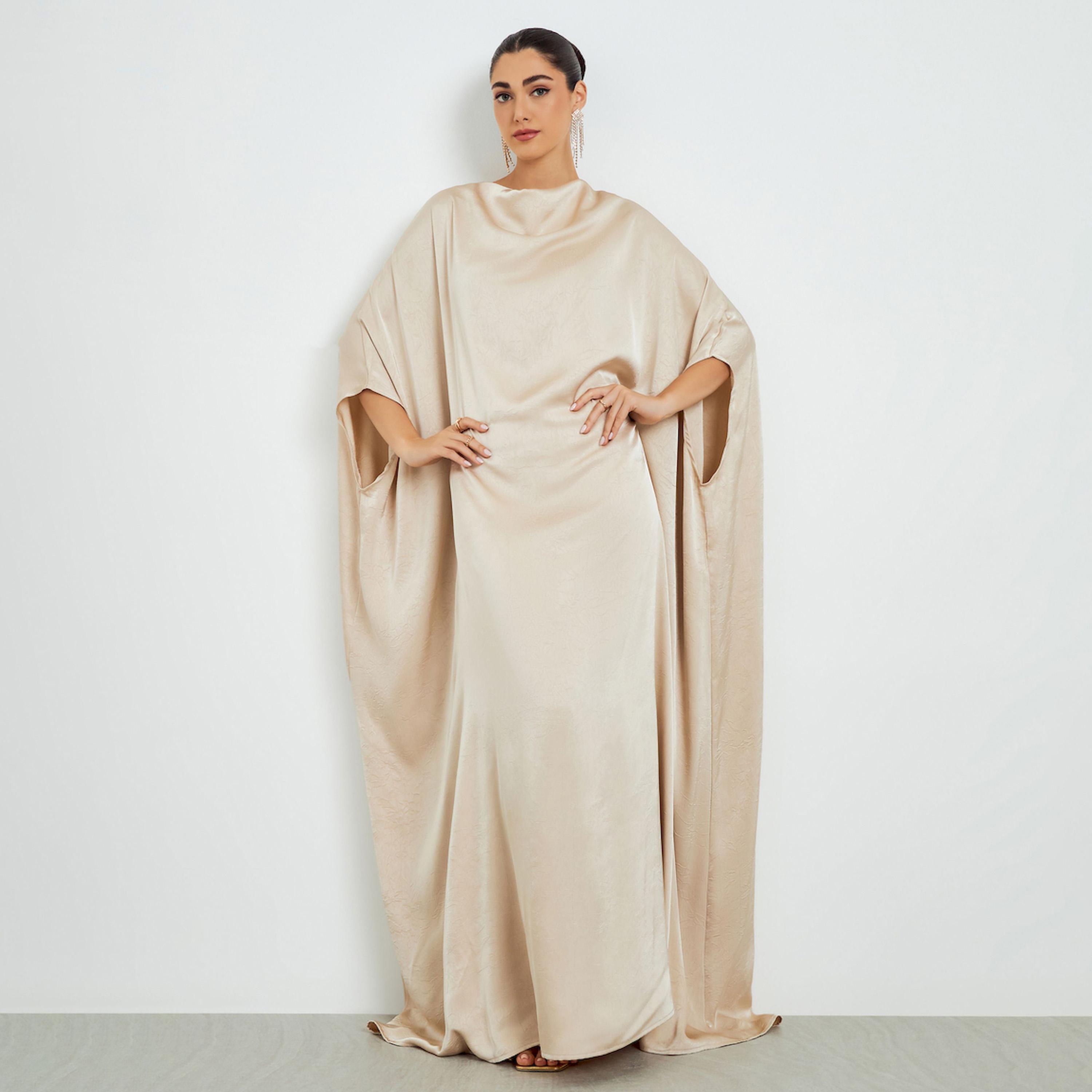 Styli Cream Satin Cowl Neck Kaftan Dress-women-arabicclothing-kaftan-image-1