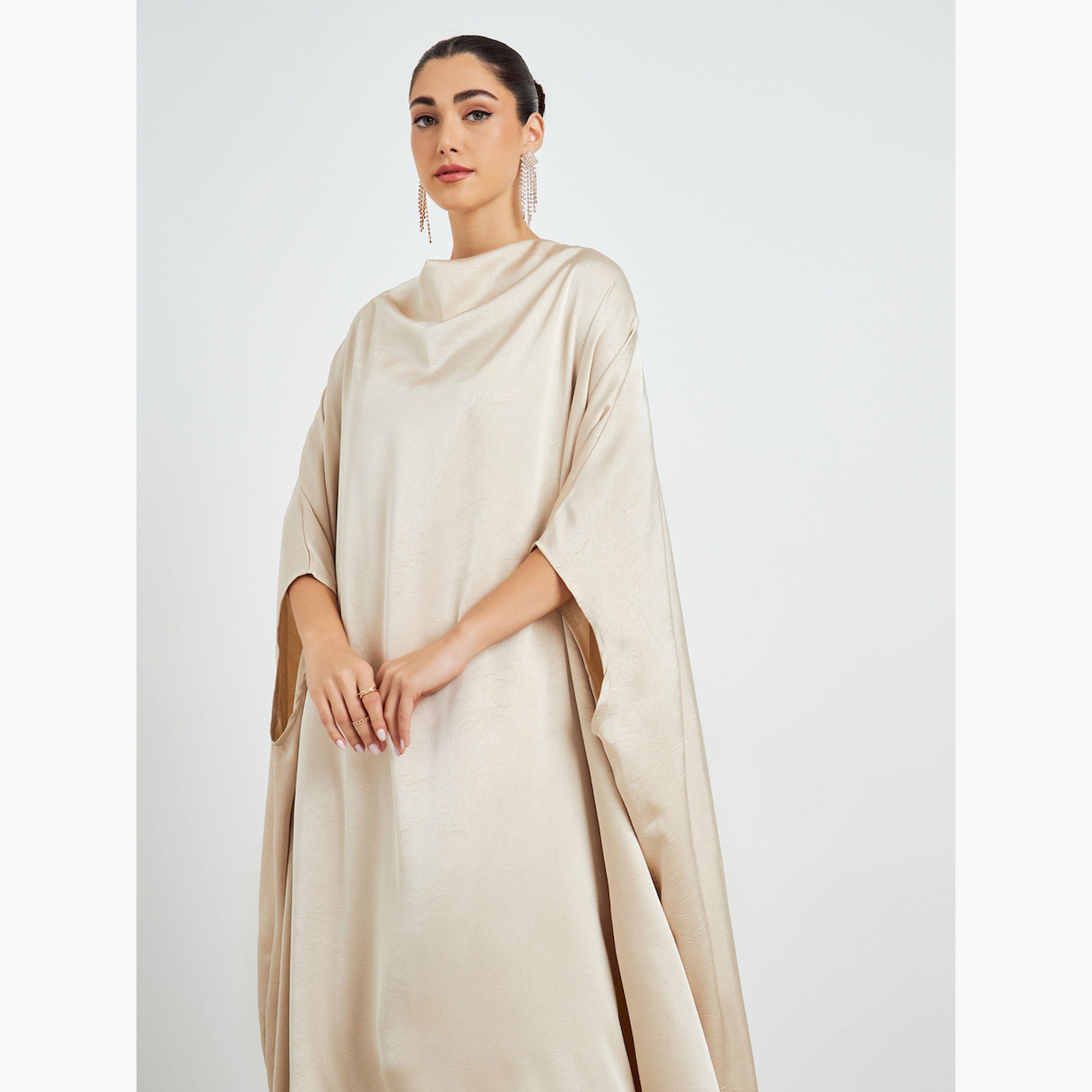 Styli Cream Satin Cowl Neck Kaftan Dress-women-arabicclothing-kaftan-image-2