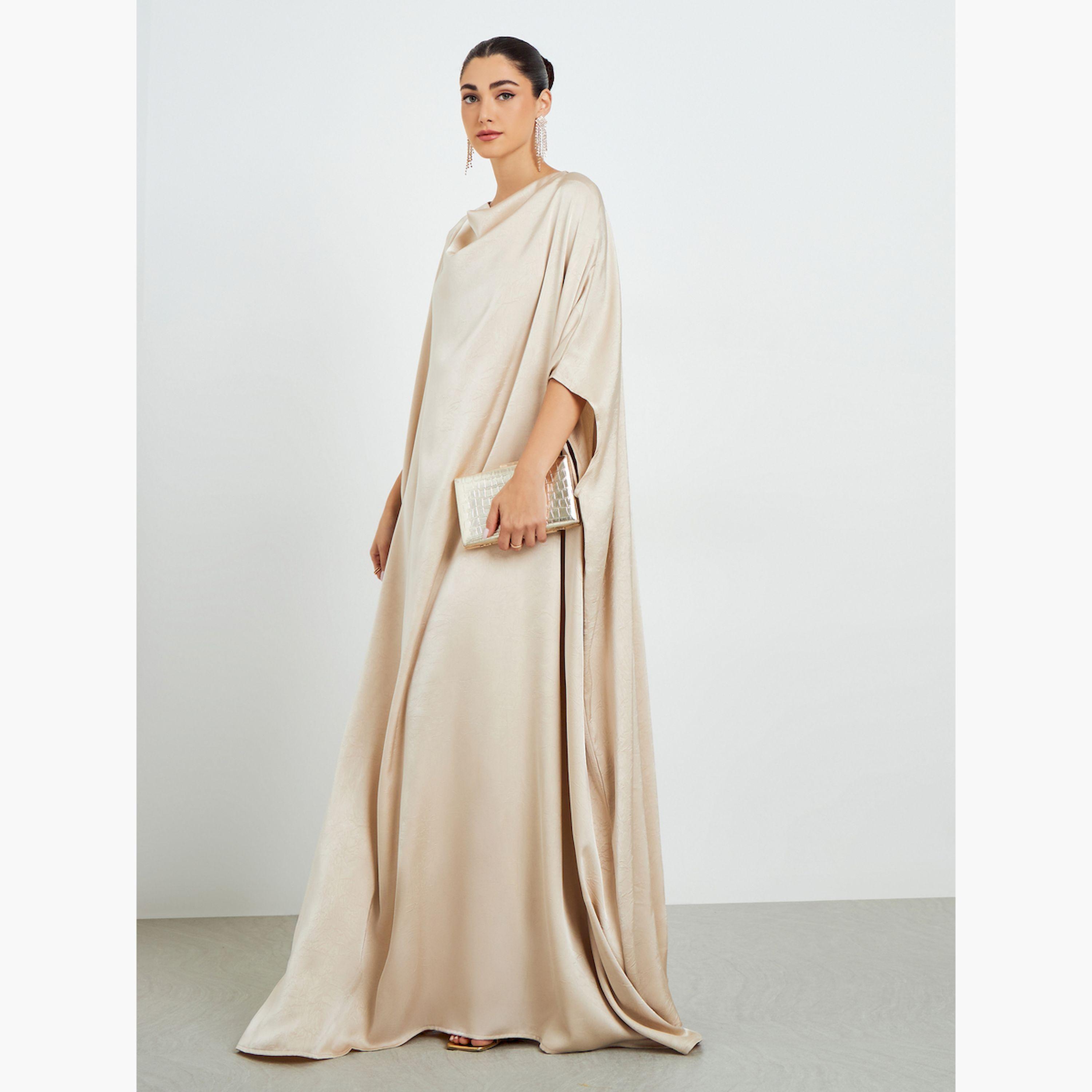 Styli Cream Satin Cowl Neck Kaftan Dress-women-arabicclothing-kaftan-image-3