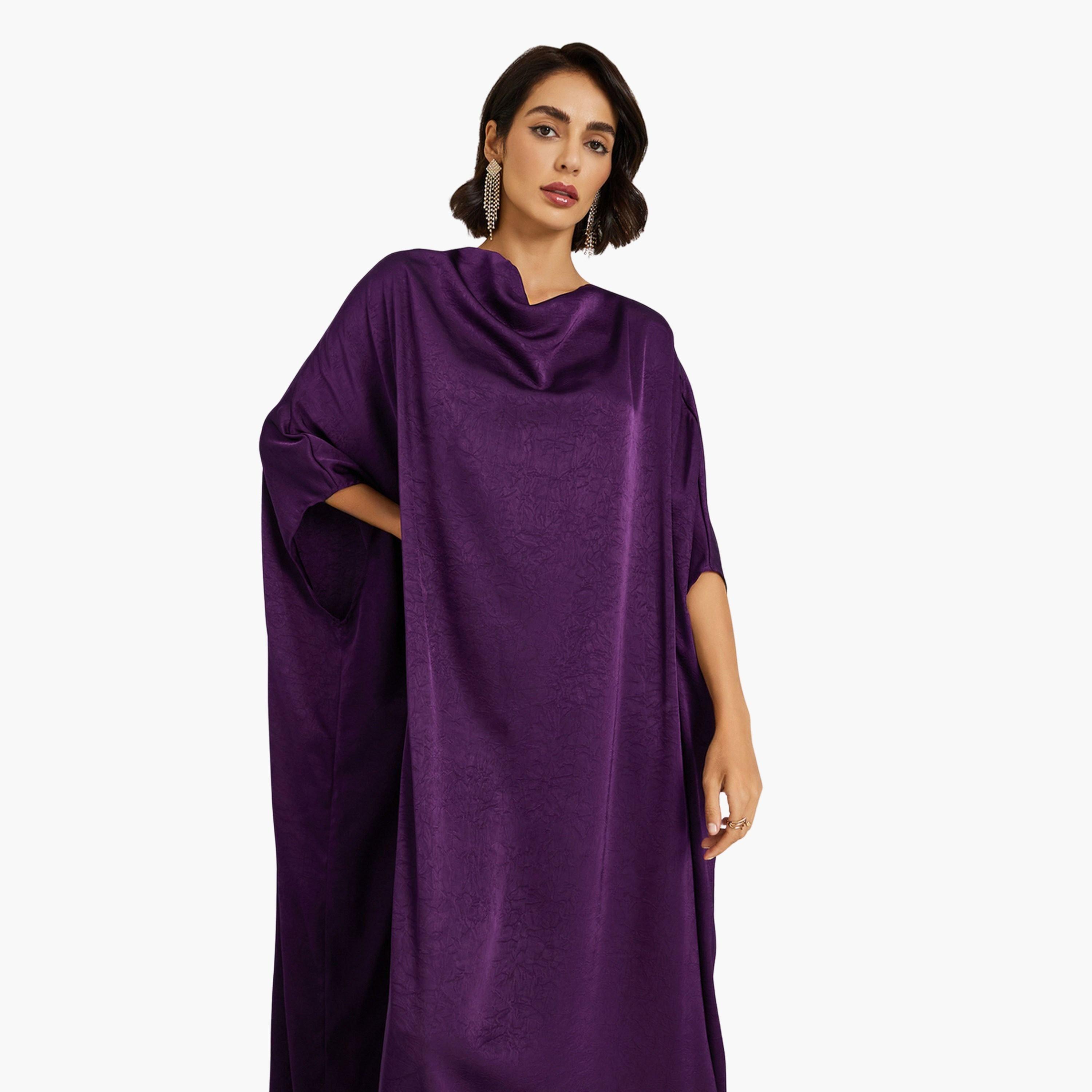Styli Women Purple Satin Cowl Neck Kaftan-women-arabicclothing-kaftan-image-2