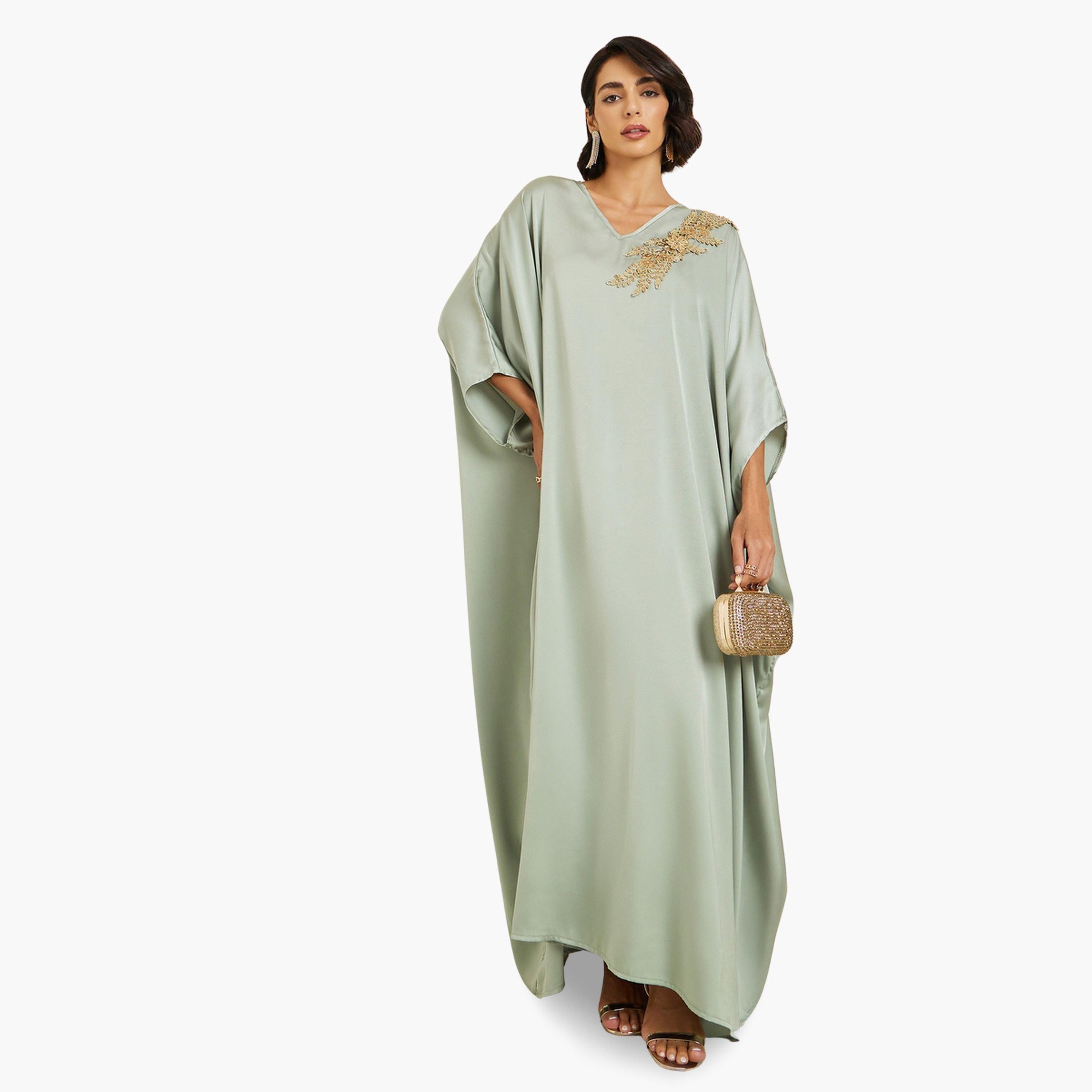 قفطان ساتان مزين لون أخضر-women-arabicclothing-kaftan-image-1