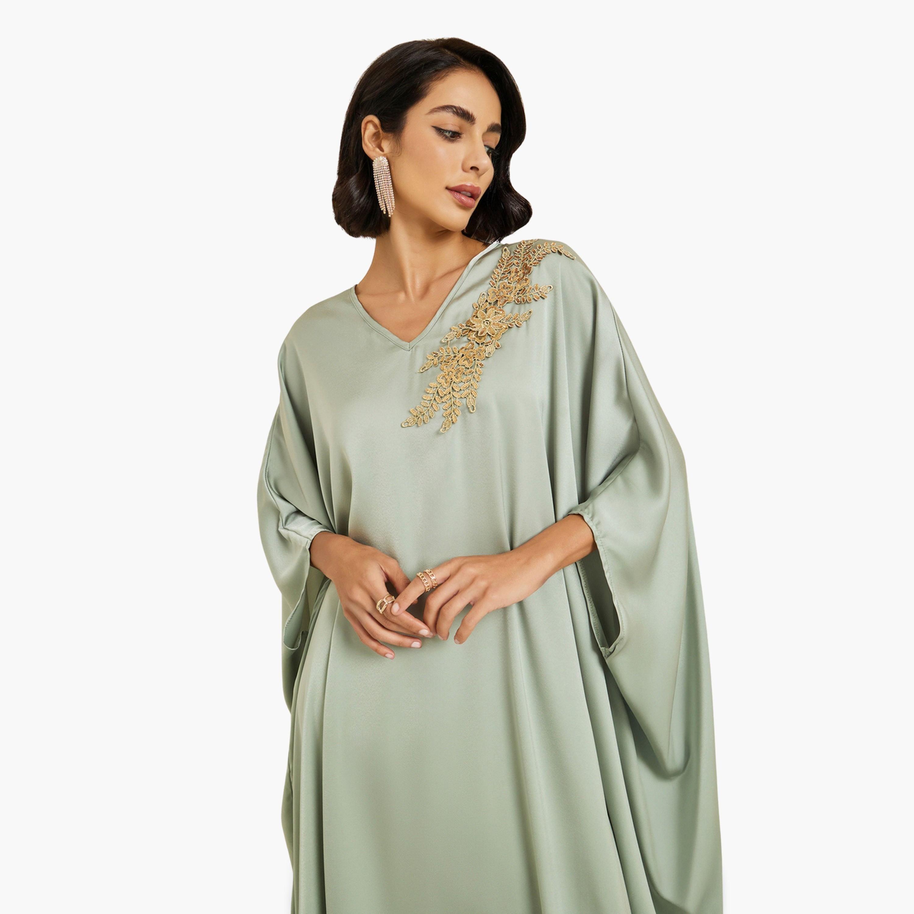 قفطان ساتان مزين لون أخضر-women-arabicclothing-kaftan-image-2