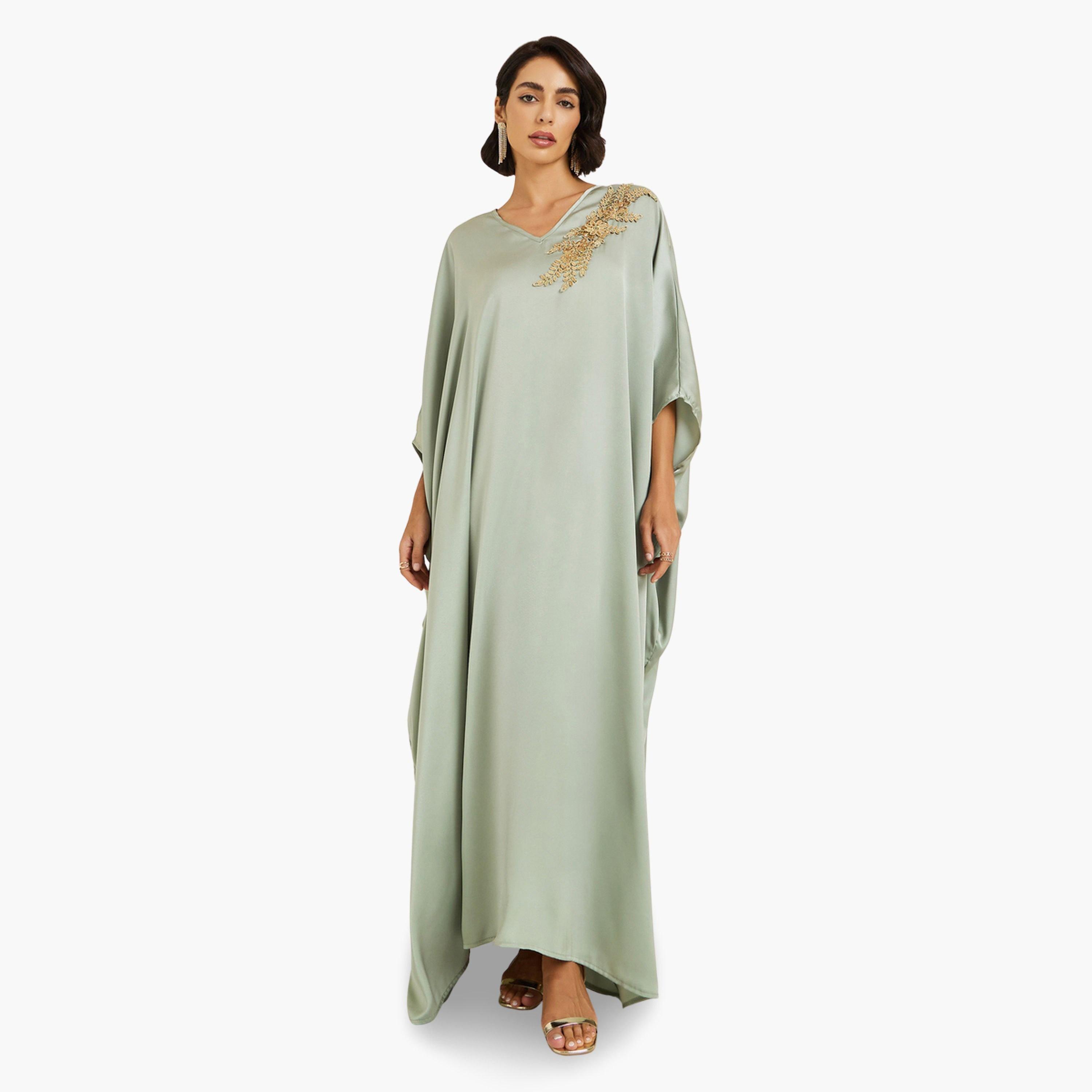 قفطان ساتان مزين لون أخضر-women-arabicclothing-kaftan-image-3