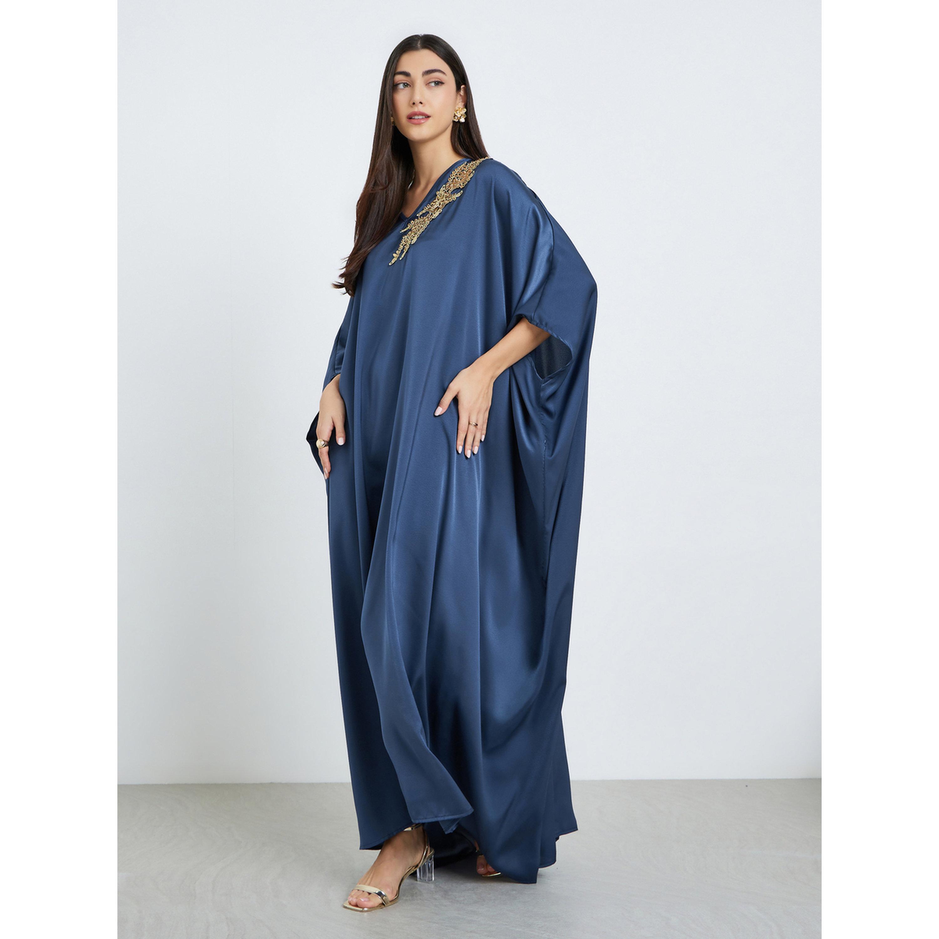 Styli Women Navy Blue Satin Kaftan with Gold Embroidery-women-arabicclothing-kaftan-image-3