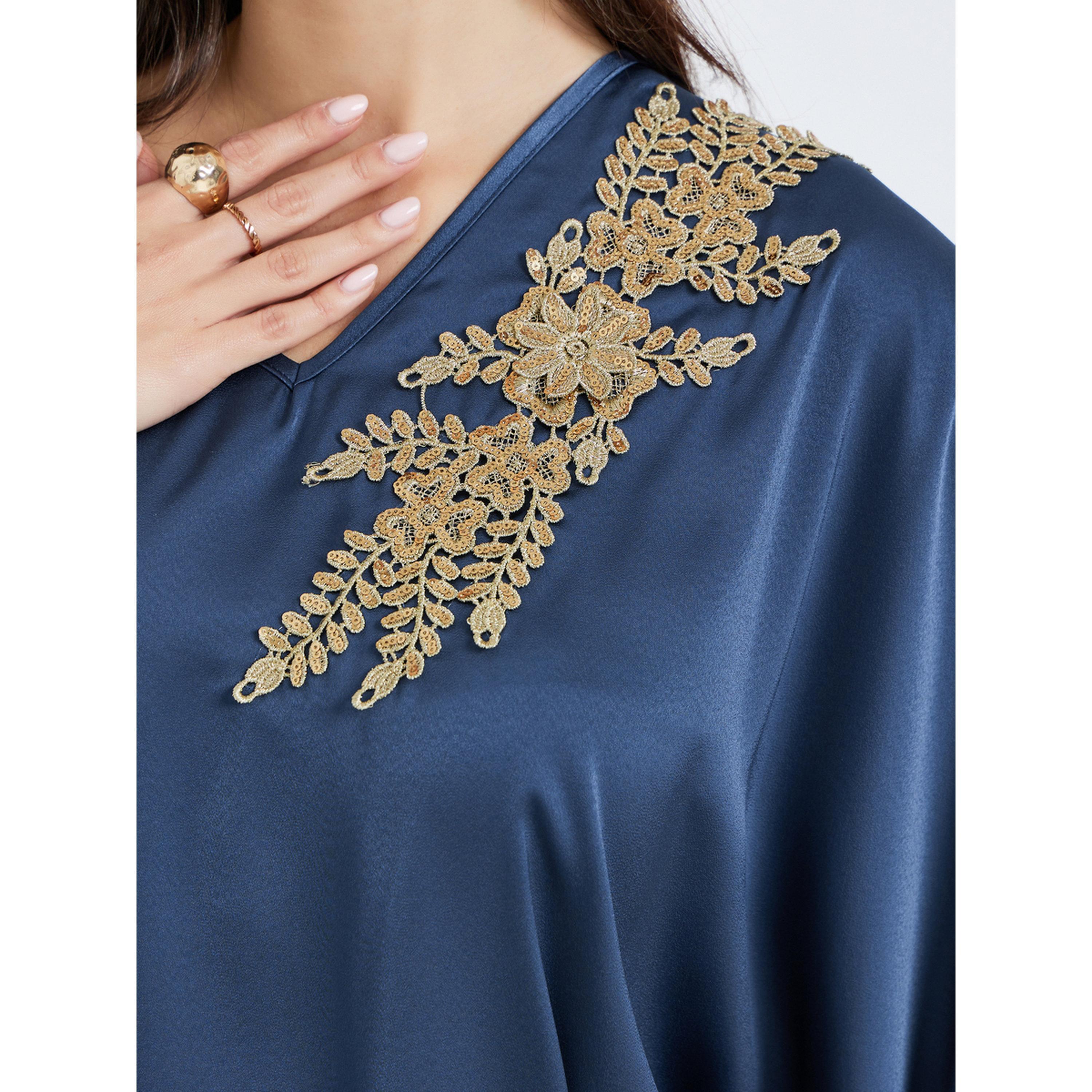 Styli Women Navy Blue Satin Kaftan with Gold Embroidery-women-arabicclothing-kaftan-image-4