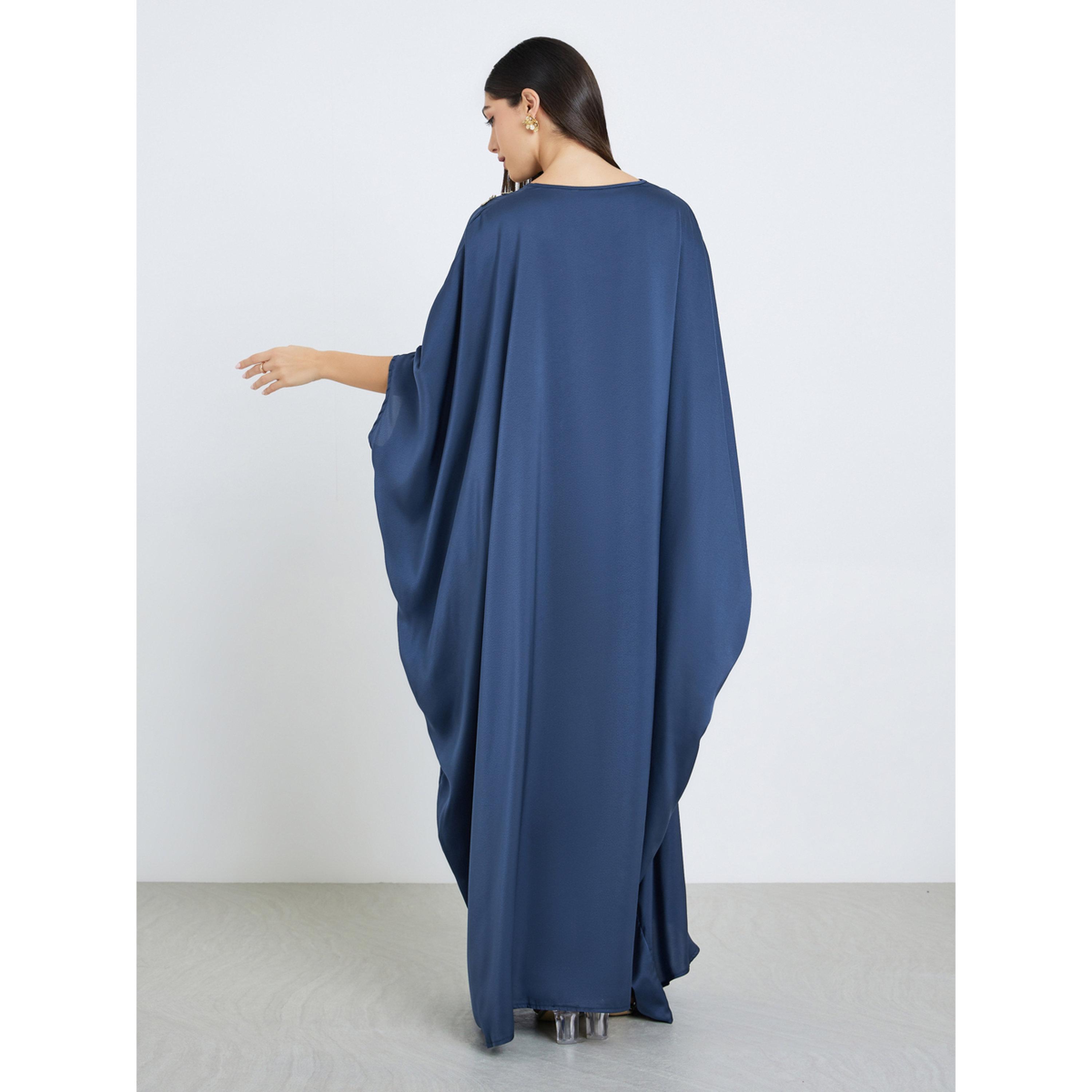 Styli Women Navy Blue Satin Kaftan with Gold Embroidery-women-arabicclothing-kaftan-image-5