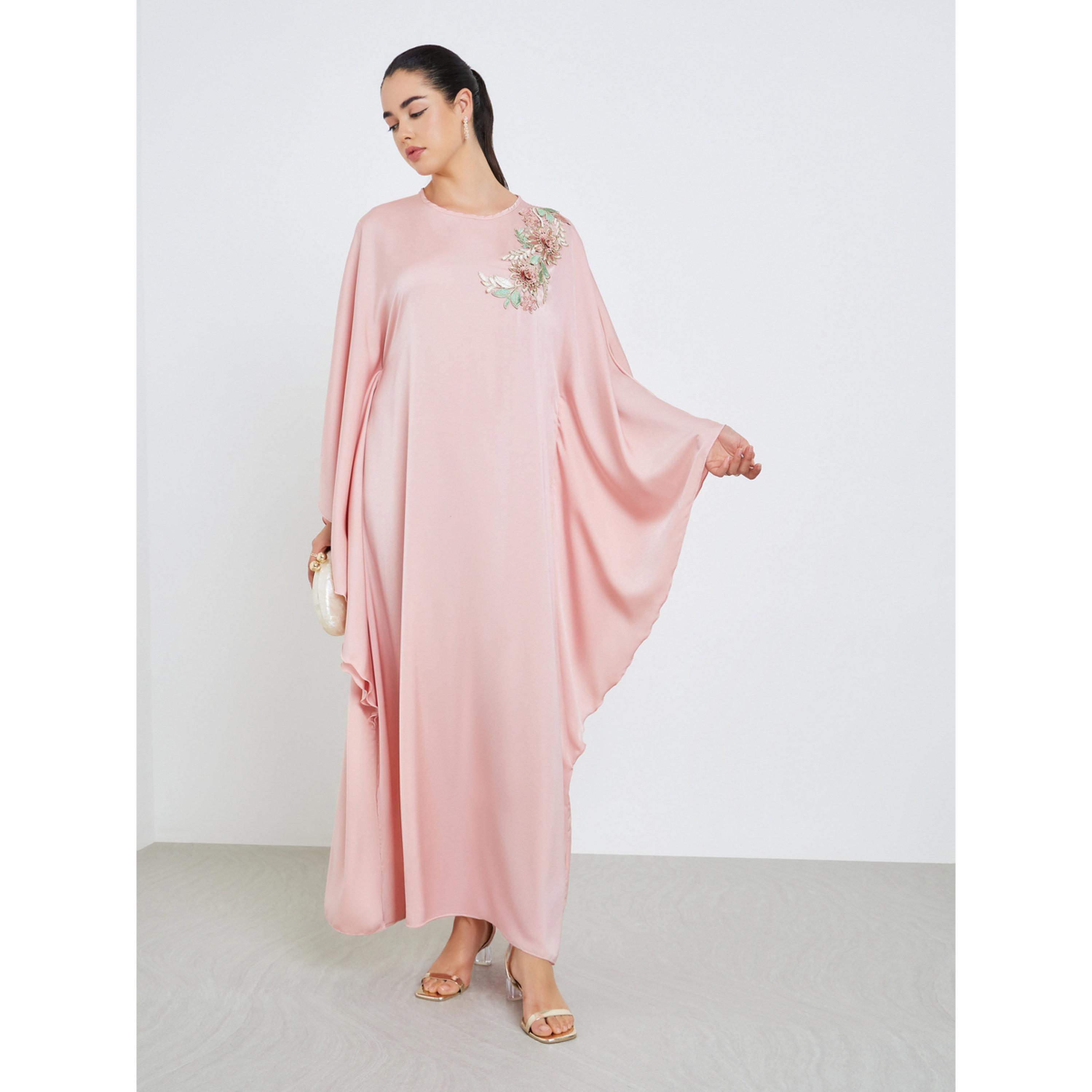 قفطان ساتان مزين لون وردي-women-arabicclothing-kaftan-image-2