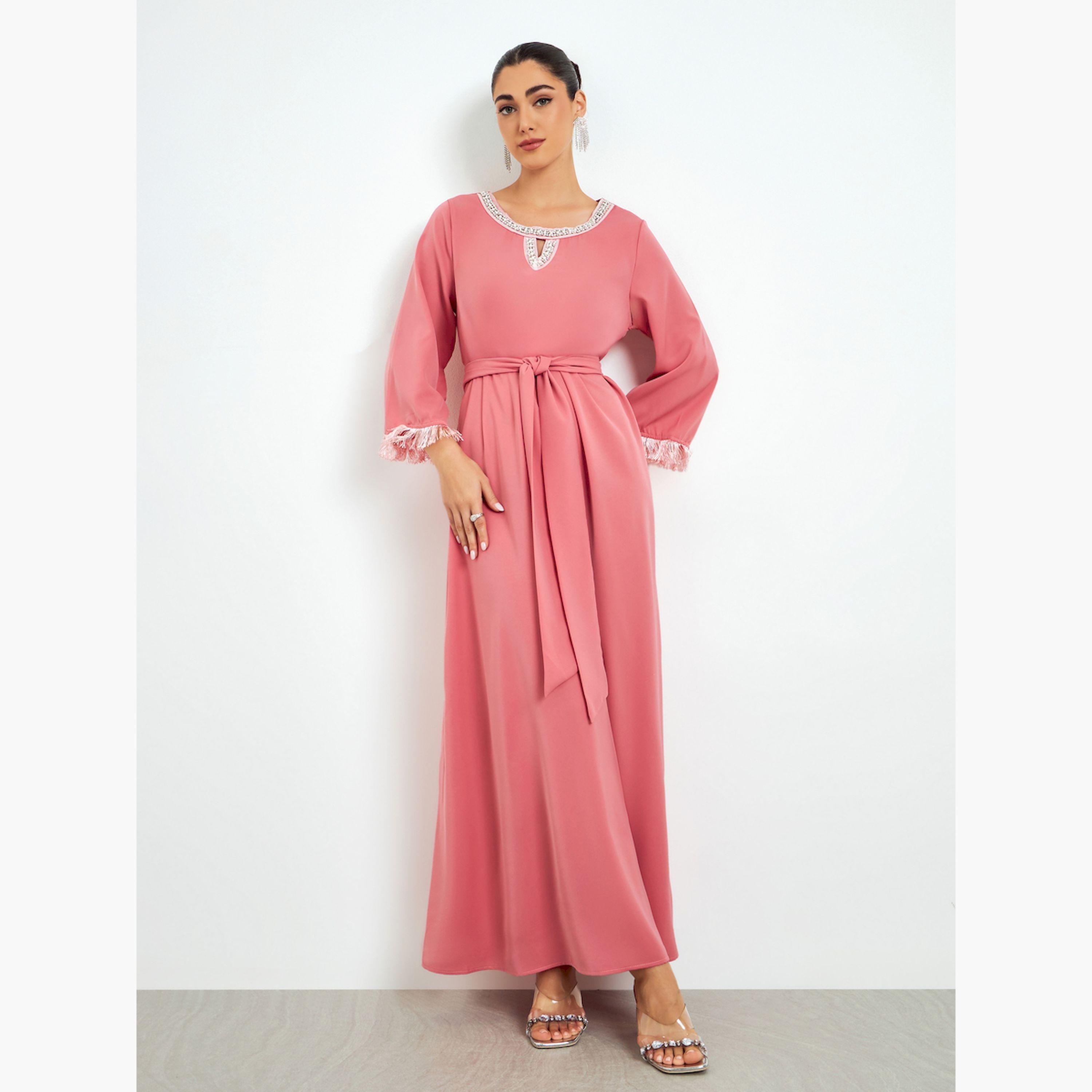 Styli Pink Embellished Tassel Trim A-Line Jalabiya-women-arabicclothing-jalabiyas-image-1