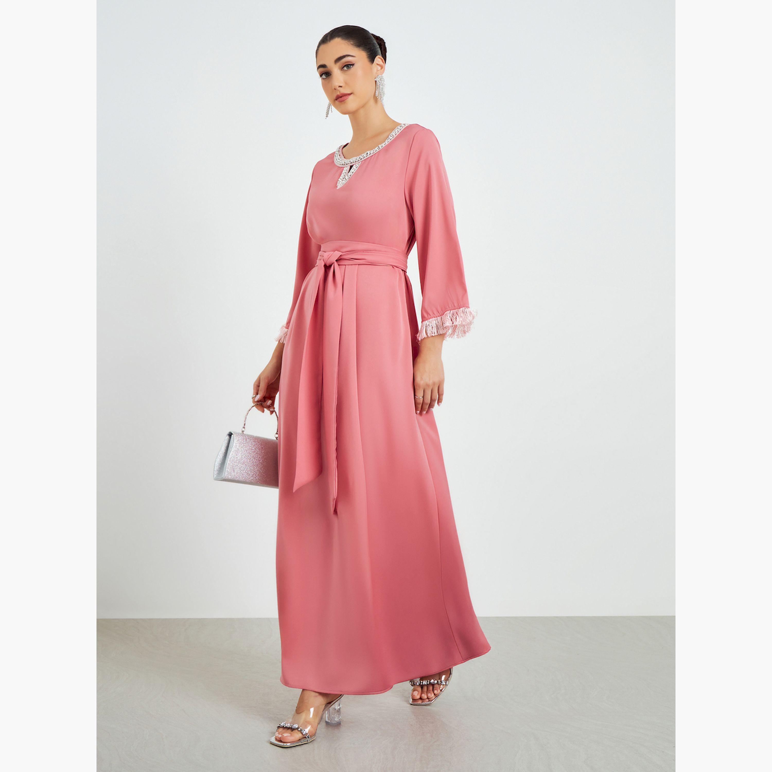 Styli Pink Embellished Tassel Trim A-Line Jalabiya-women-arabicclothing-jalabiyas-image-2