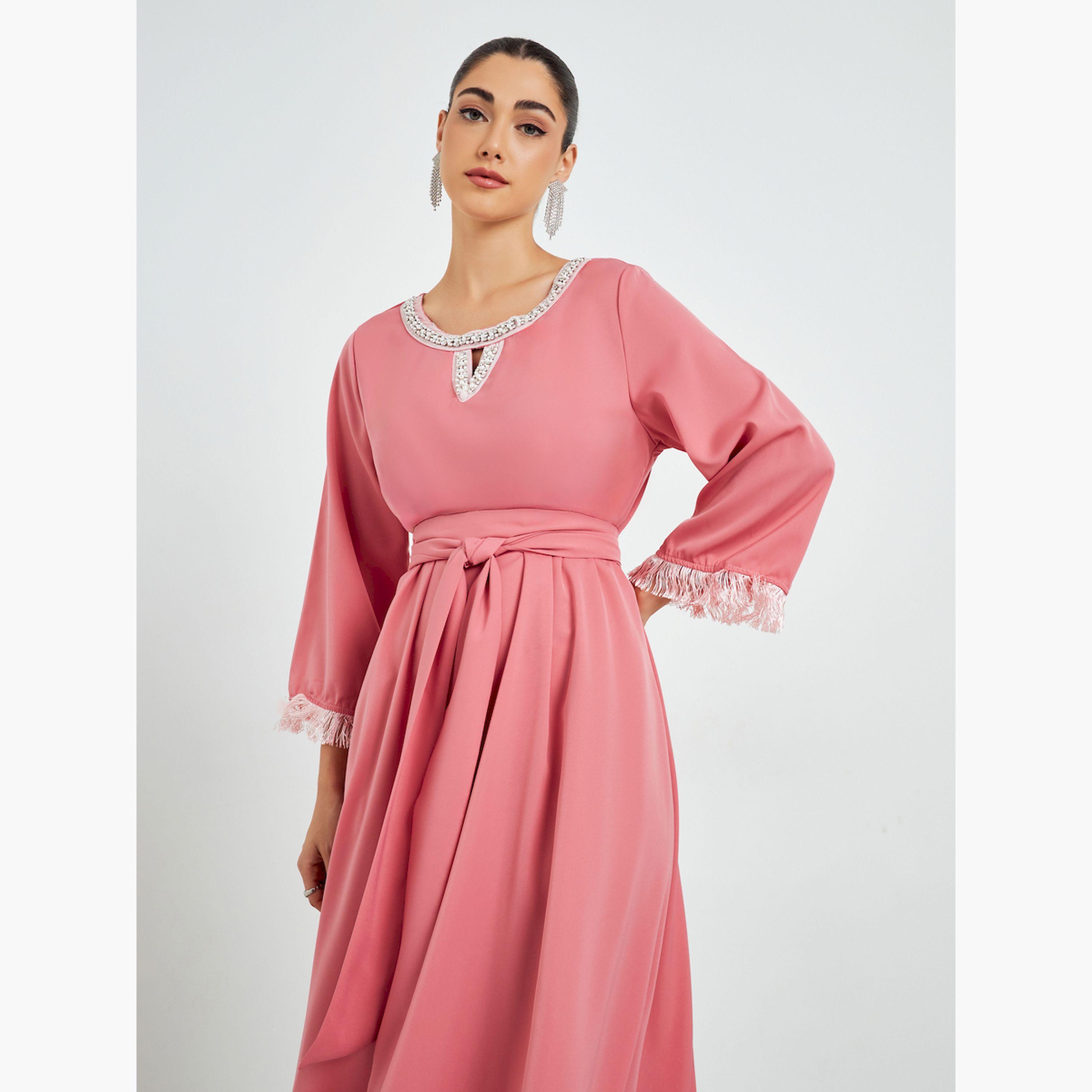 Styli Pink Embellished Tassel Trim A-Line Jalabiya-women-arabicclothing-jalabiyas-image-3
