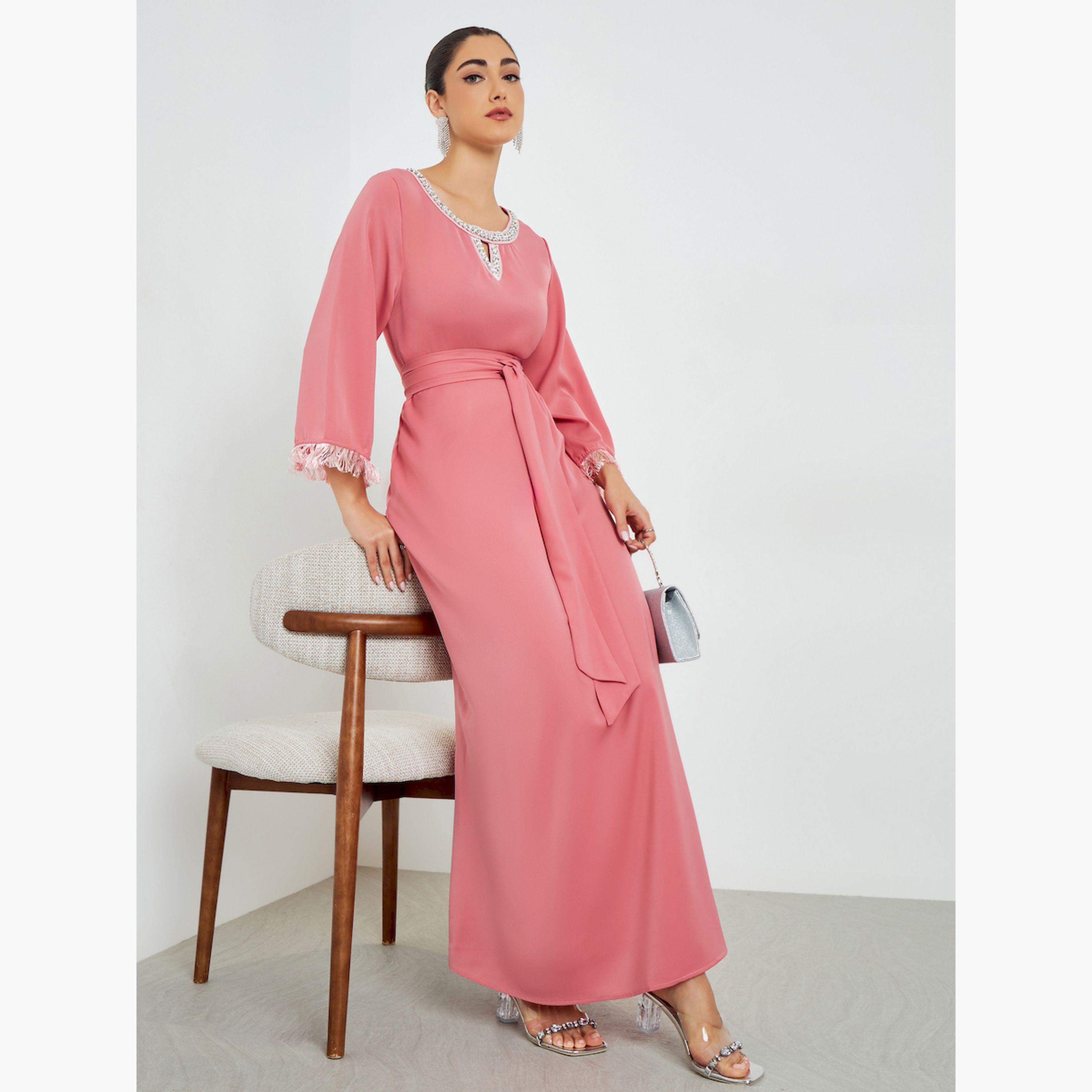 Styli Pink Embellished Tassel Trim A-Line Jalabiya-women-arabicclothing-jalabiyas-image-4