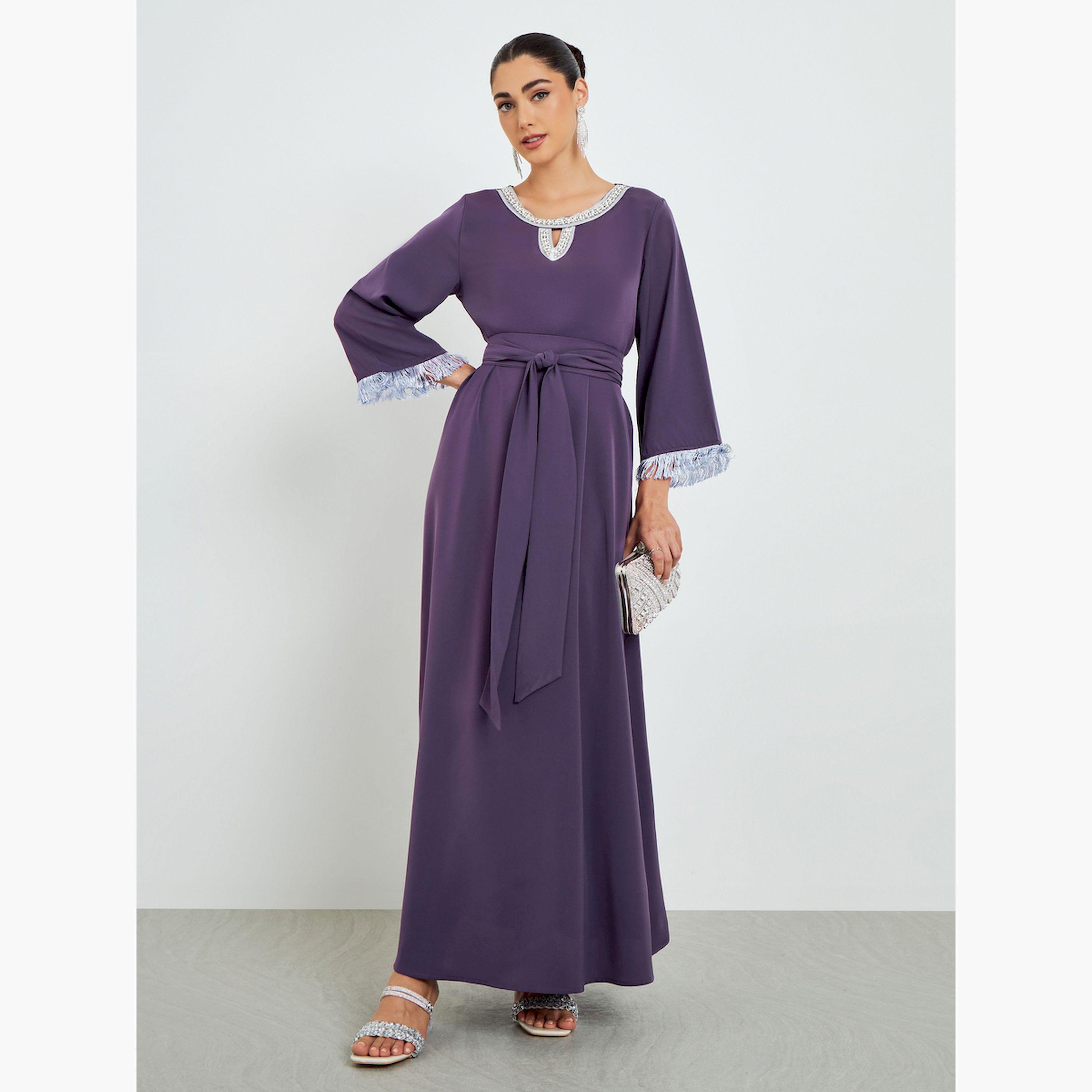 Styli Purple Embellished Tassel Trim A-Line Jalabiya-women-arabicclothing-jalabiyas-image-1