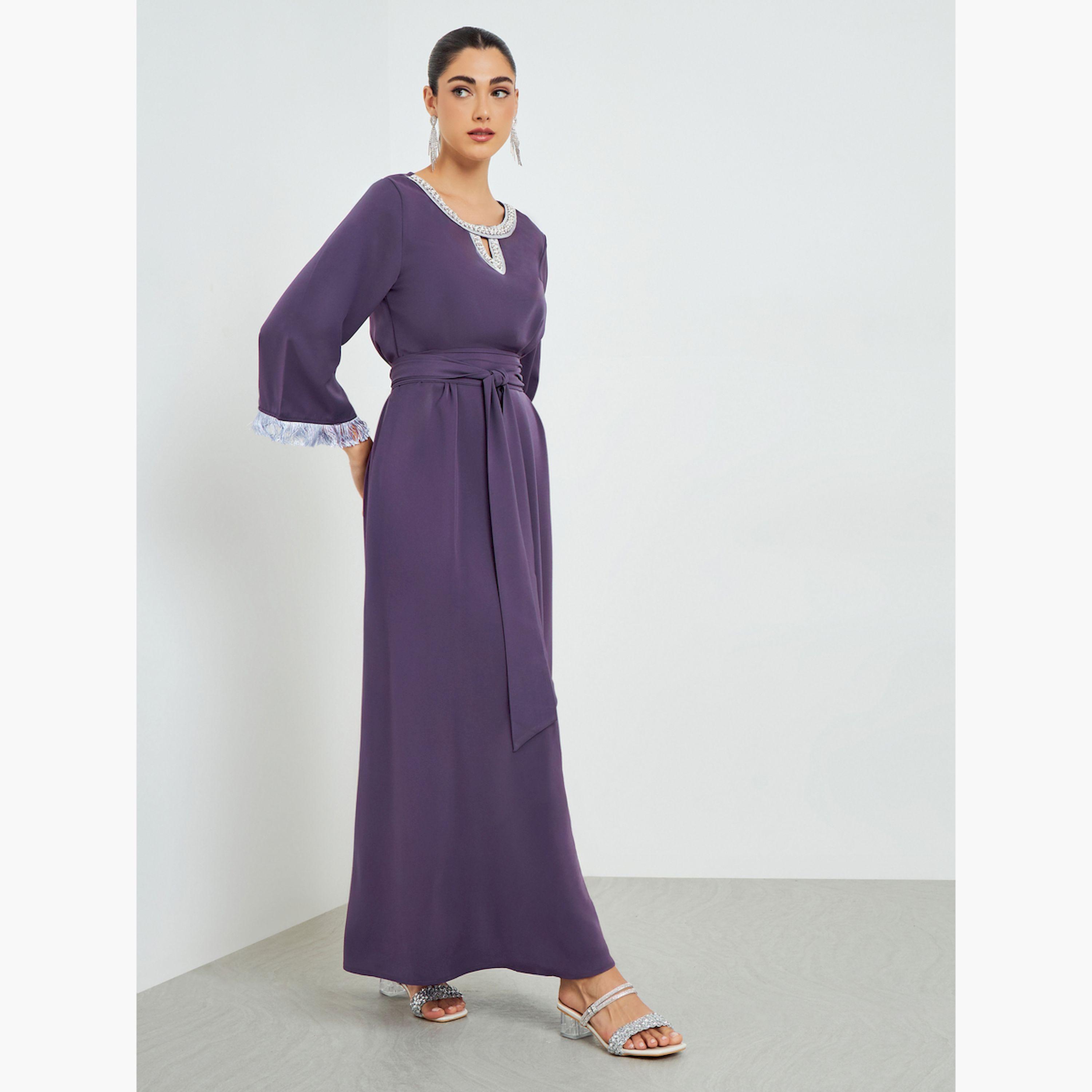 Styli Purple Embellished Tassel Trim A-Line Jalabiya-women-arabicclothing-jalabiyas-image-3