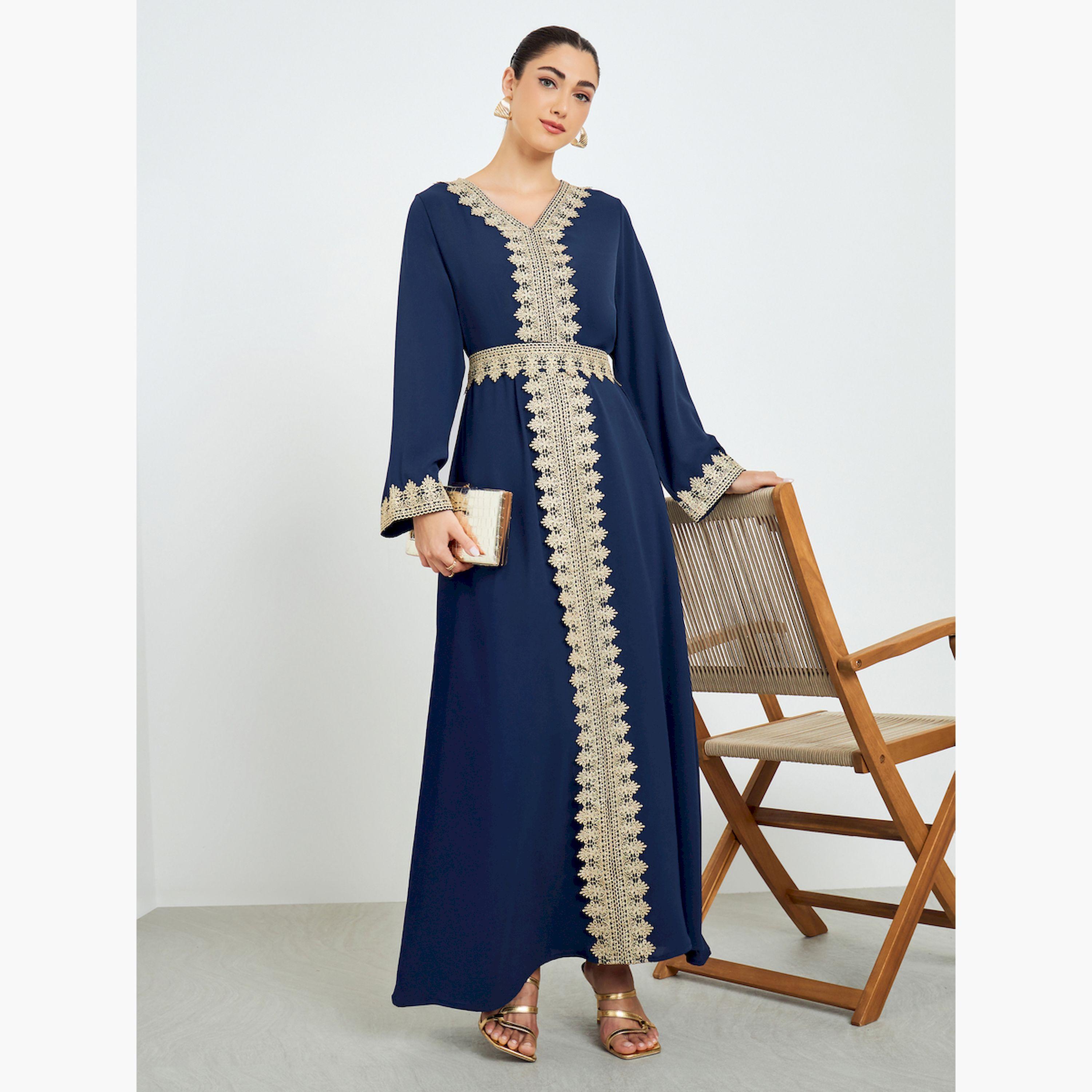 Styli Navy Blue Embroidered A-Line Kaftan-women-arabicclothing-kaftan-image-1