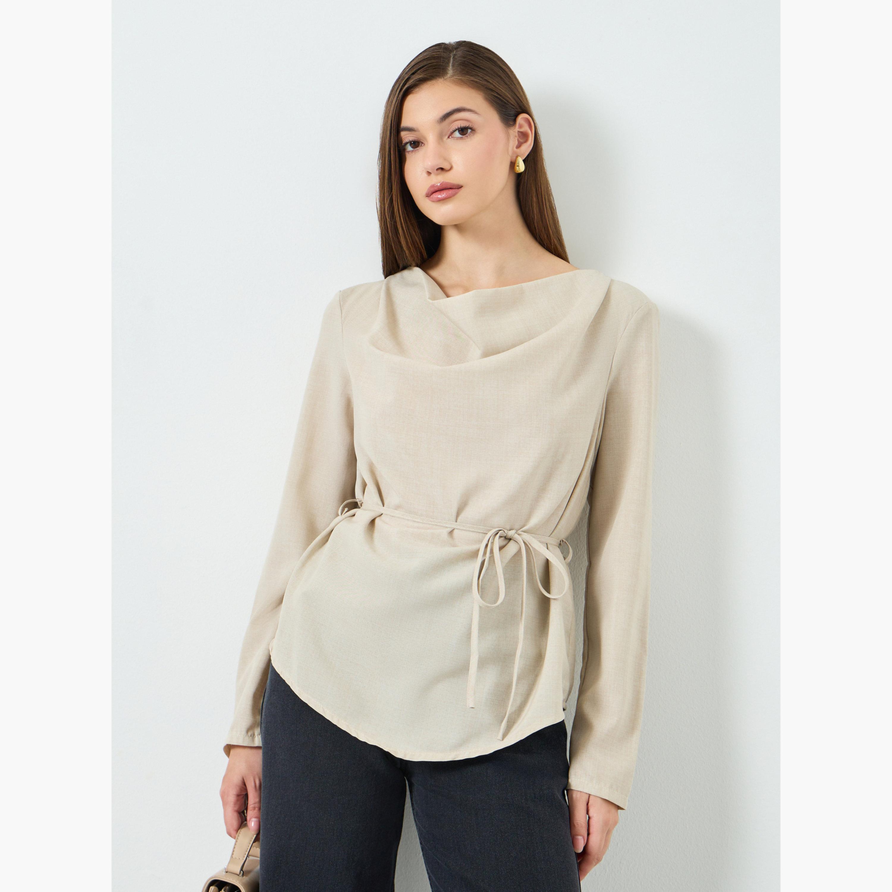بلوزة بياقة منسدلة وأكمام طويلة-women-clothing-shirtsandblouses-blouses-image-1