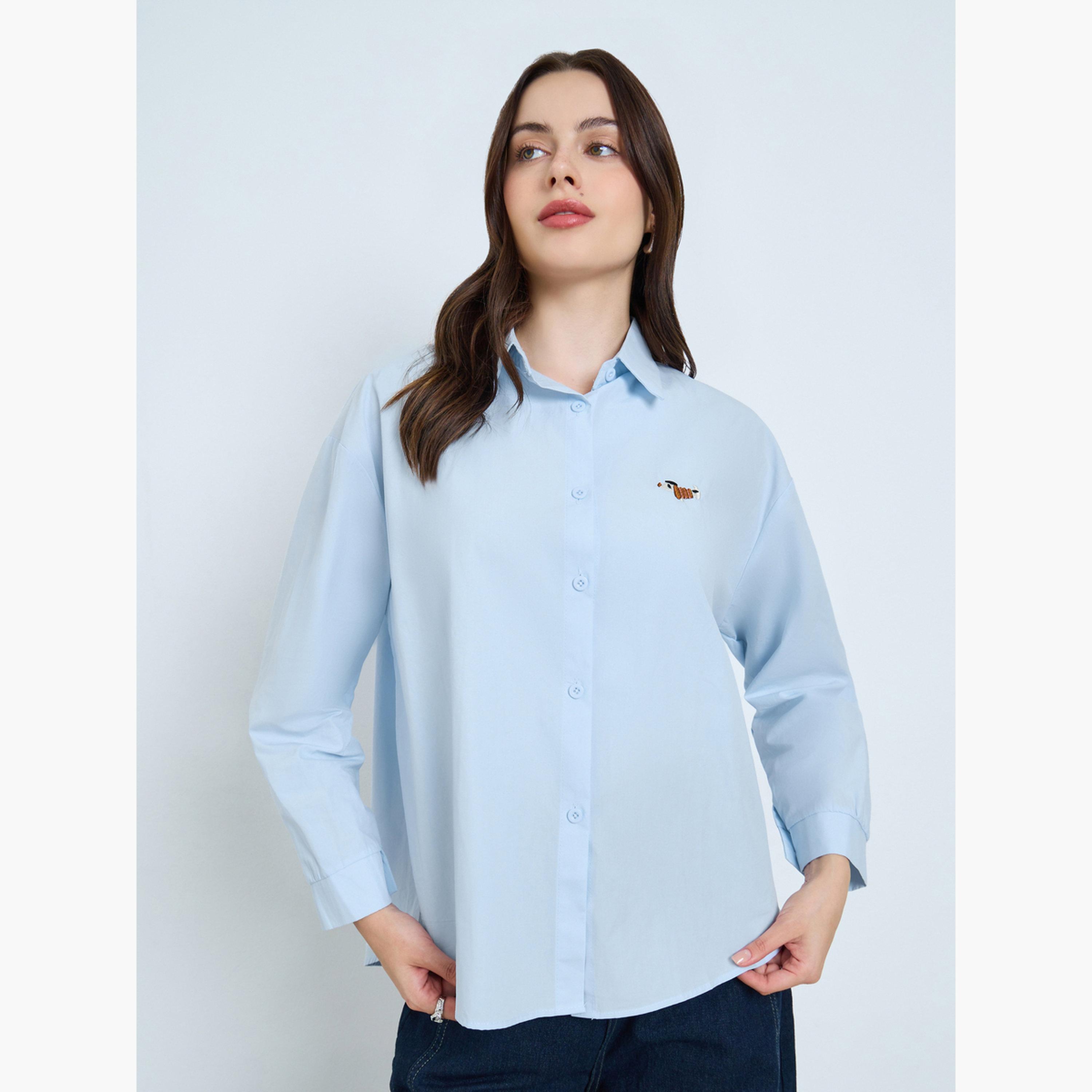 Styli Light Blue Embroidered Long Sleeve Oversized Shirt-women-clothing-shirtsandblouses-shirts-image-1