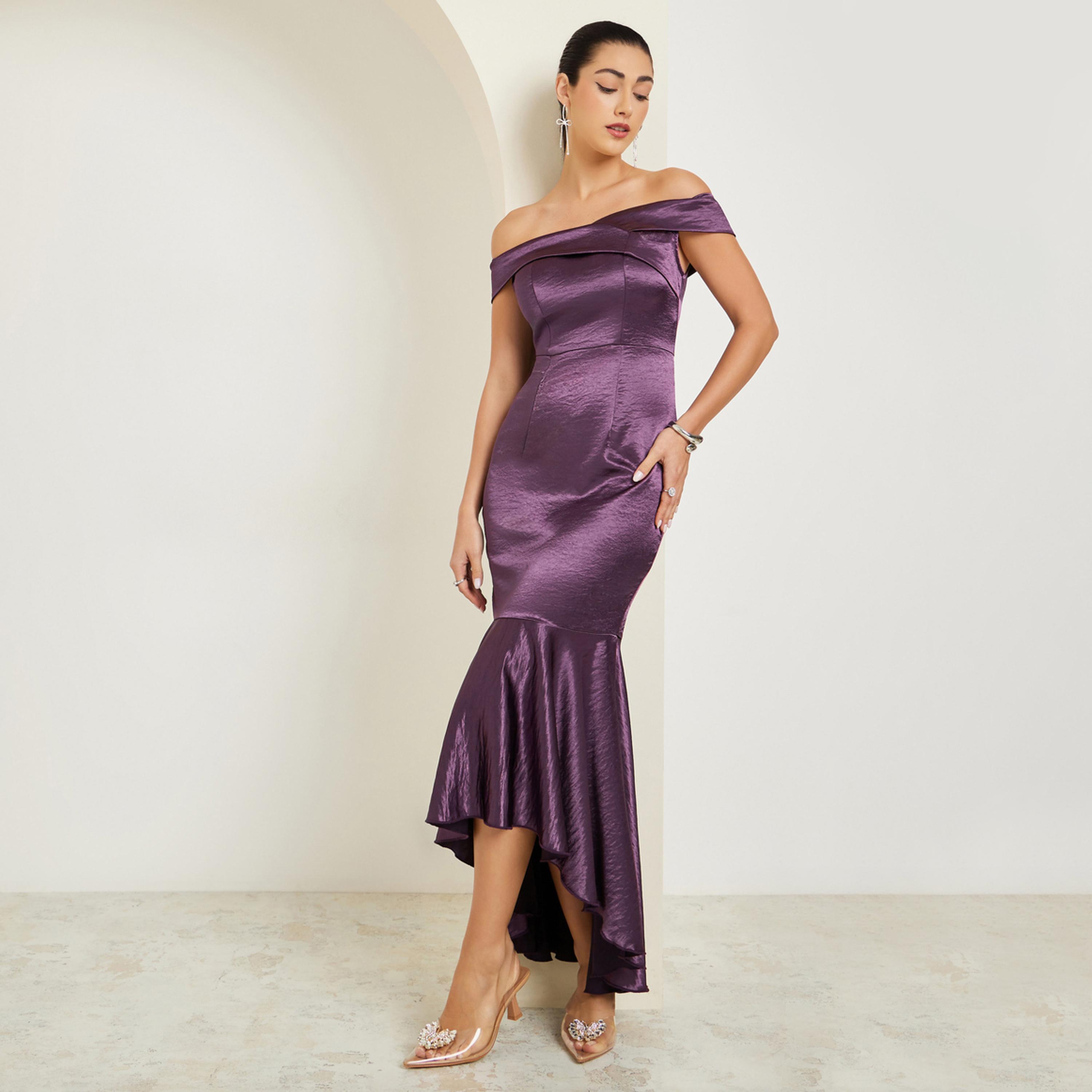 Styli Purple Off Shoulder asymmetric Hem Satin Maxi Dress-women-clothing-dresses-image-1