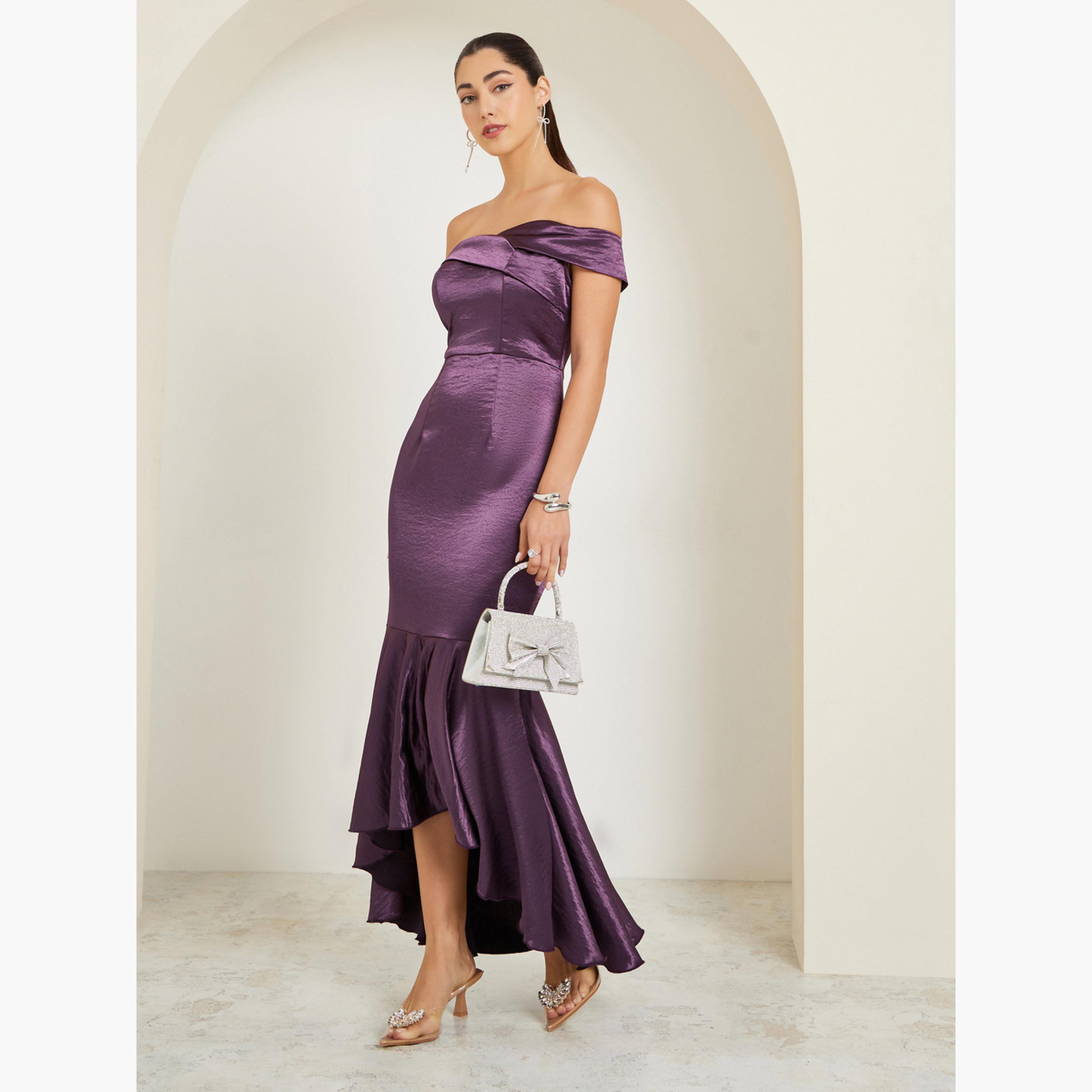 ستايلي - فستان ماكسي ساتان مكشوف الكتفين، بحافة غير متماثلة لون أرجواني-women-clothing-dresses-image-2