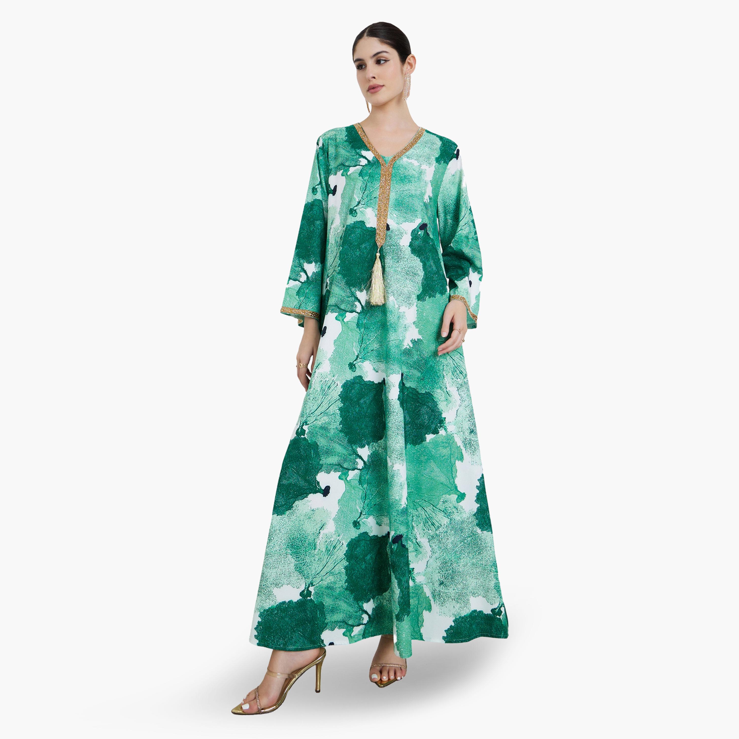 أميرة x ستايلي جلابية مطبوعة بتفاصيل شرابات-women-arabicclothing-jalabiyas-image-1