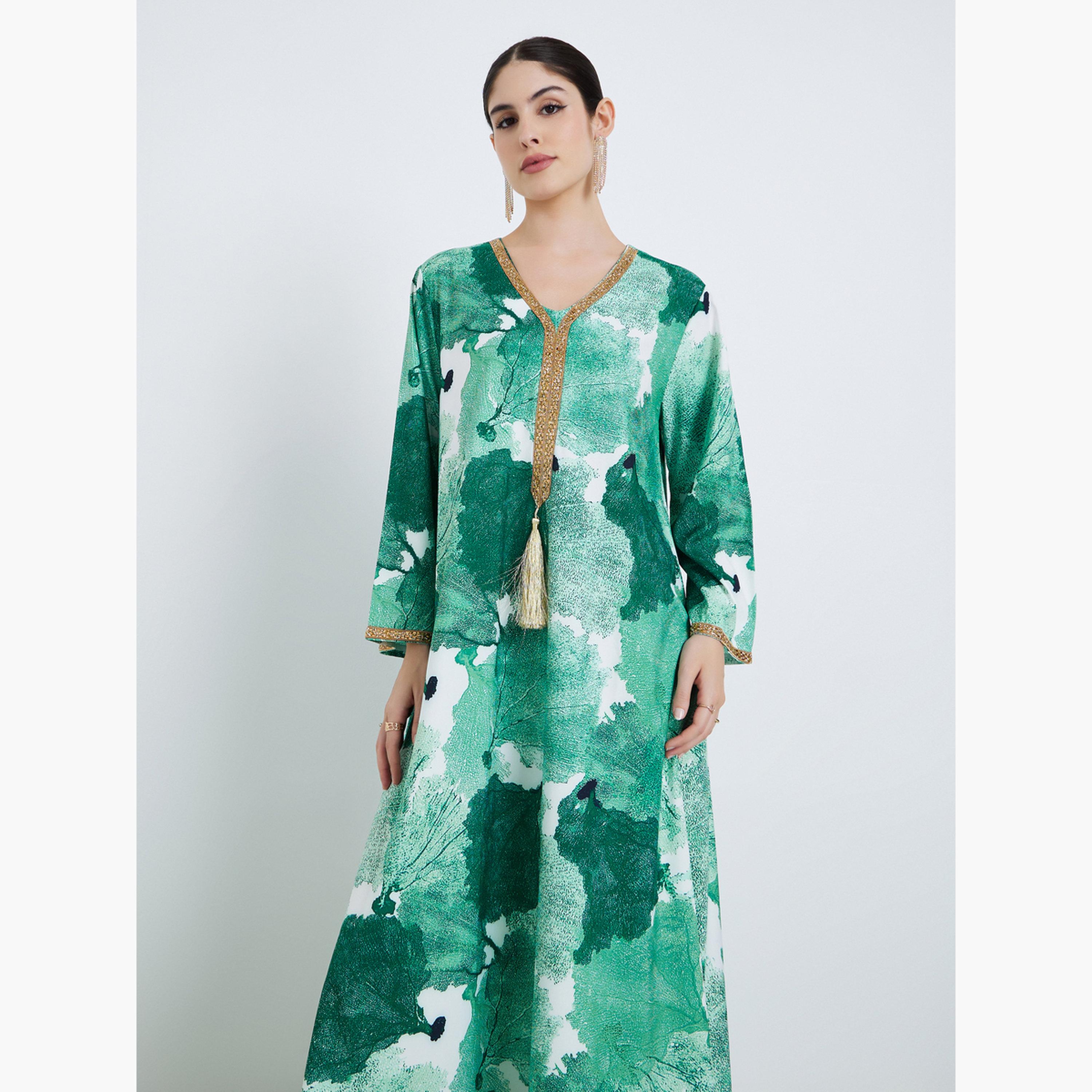 أميرة x ستايلي جلابية مطبوعة بتفاصيل شرابات-women-arabicclothing-jalabiyas-image-2