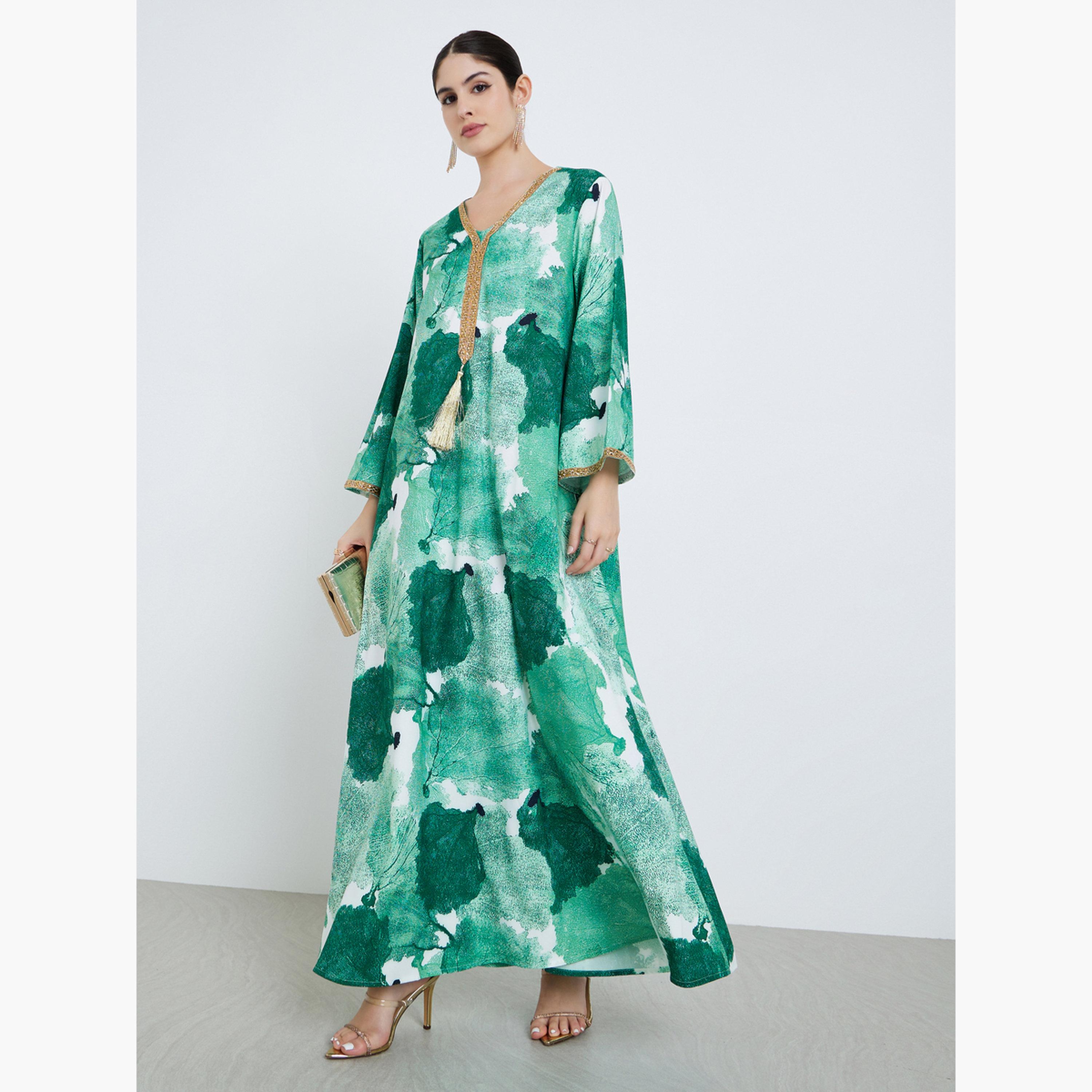 أميرة x ستايلي جلابية مطبوعة بتفاصيل شرابات-women-arabicclothing-jalabiyas-image-3
